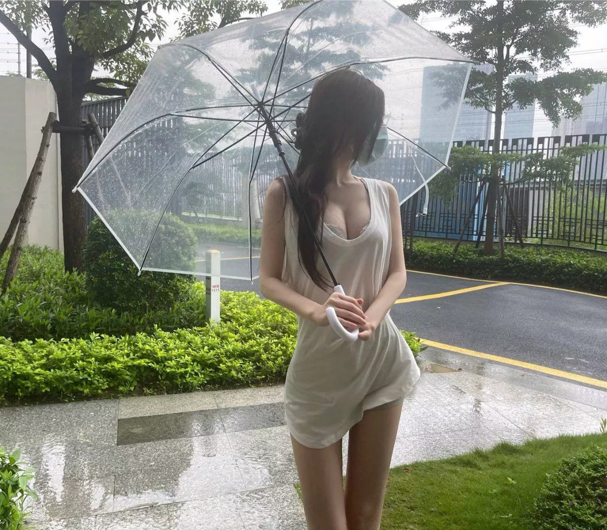 raining beautiful breasts Transparent Umbrella
