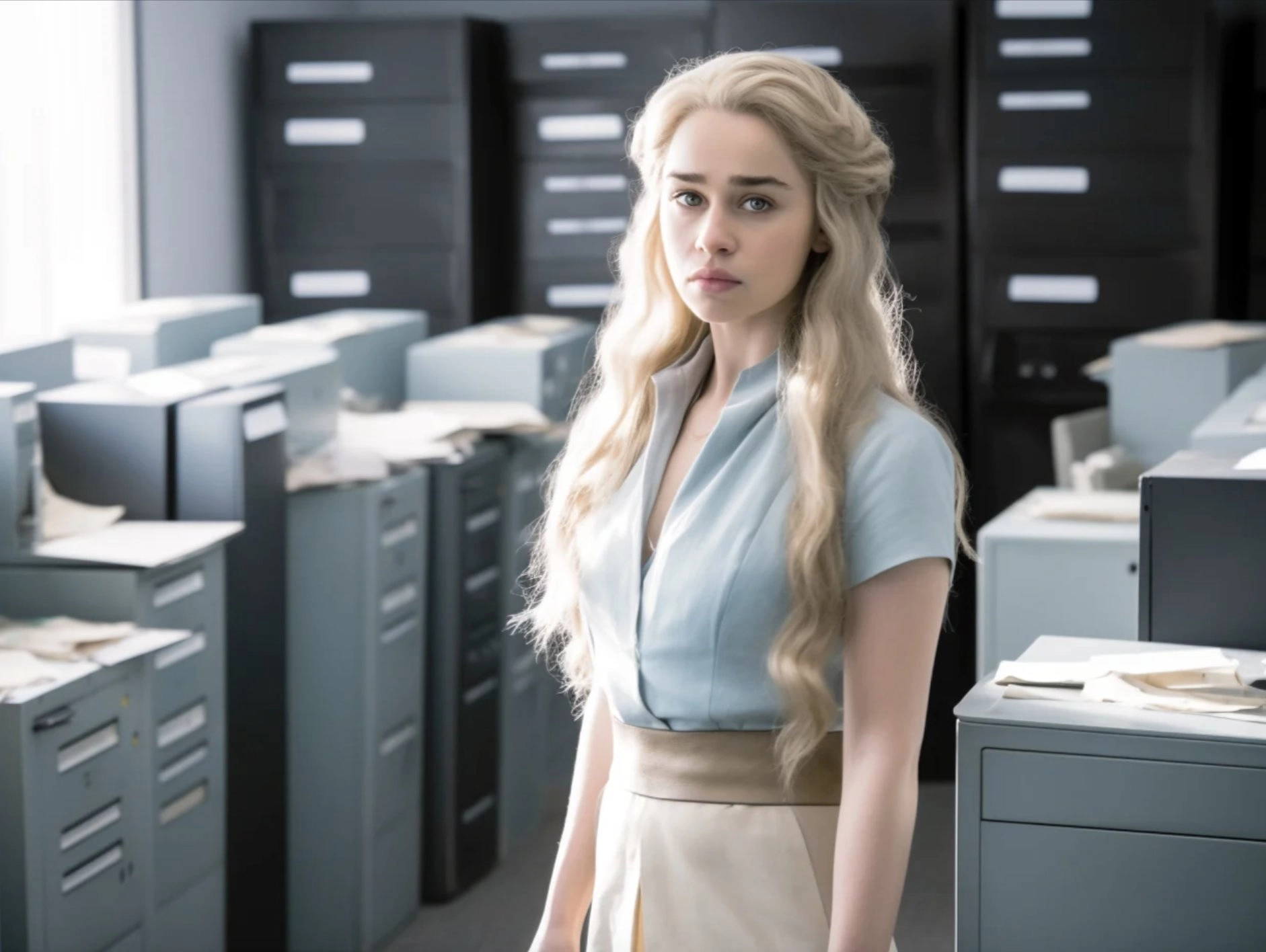 Reimagining AI-generated images of Game of Thrones characters in the style of The Office. Images generated using Midjourney Daenerys Targaryen.
