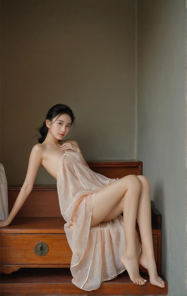 穿着粉红色裙子的女人坐在木制的楼梯上。