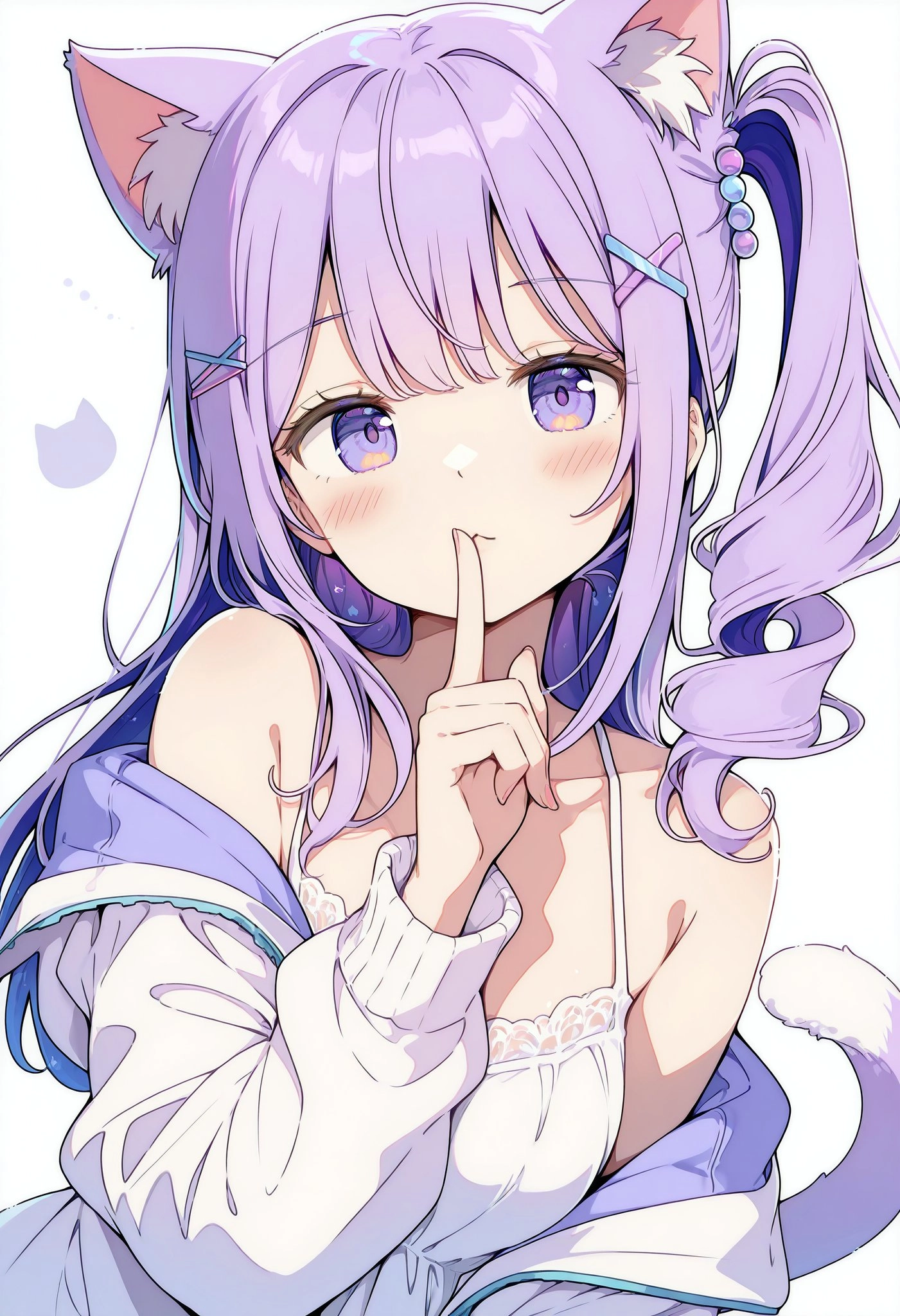 紫色头发和一只猫耳带的女孩正在她的嘴里放一个手指。