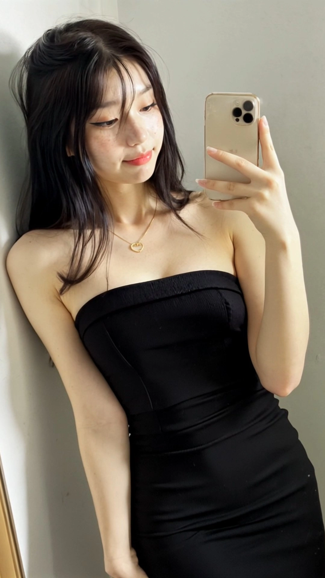 穿黑色衣服的女人正在拍照。