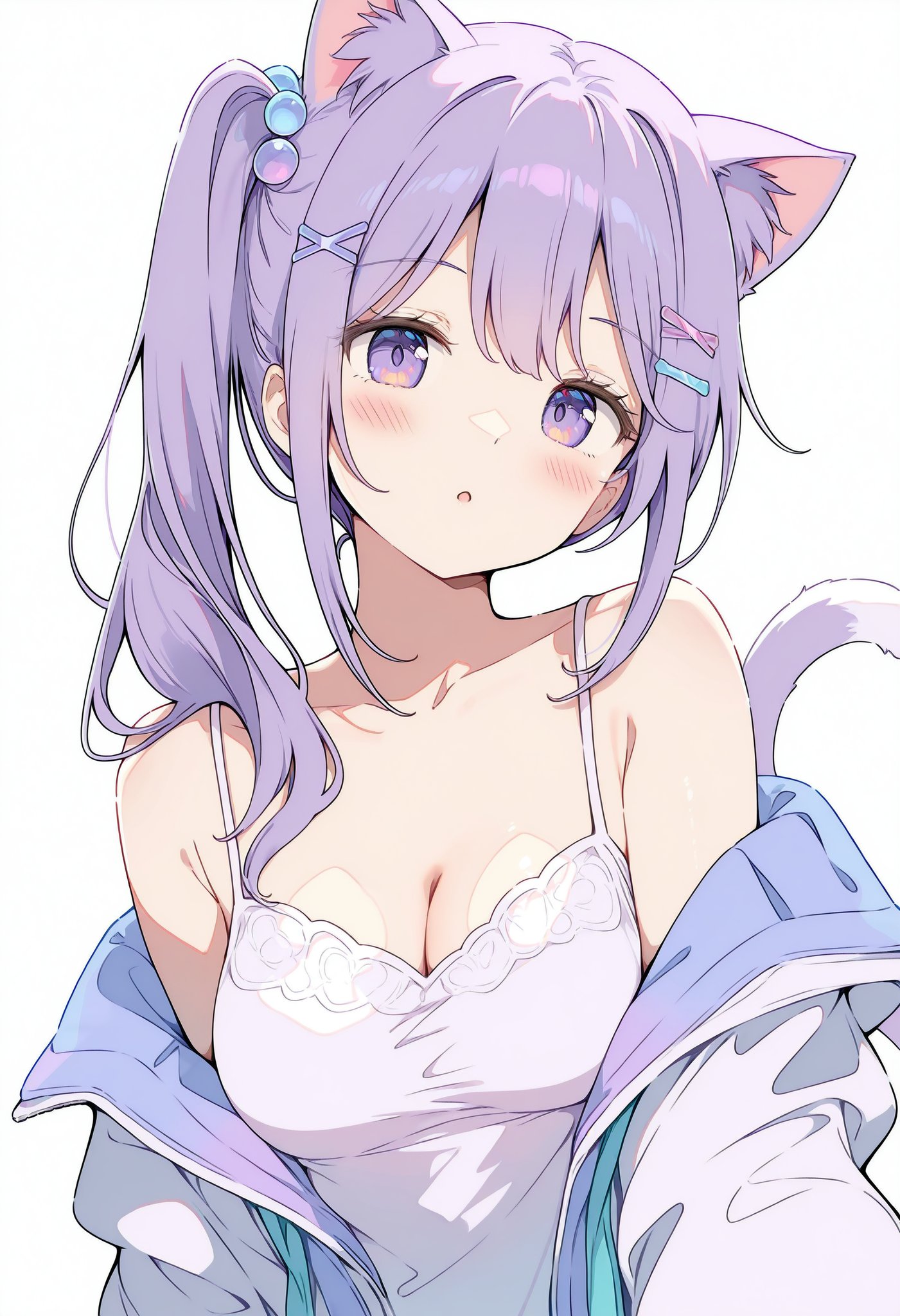 有紫色头发的女孩,肩上有一只猫。