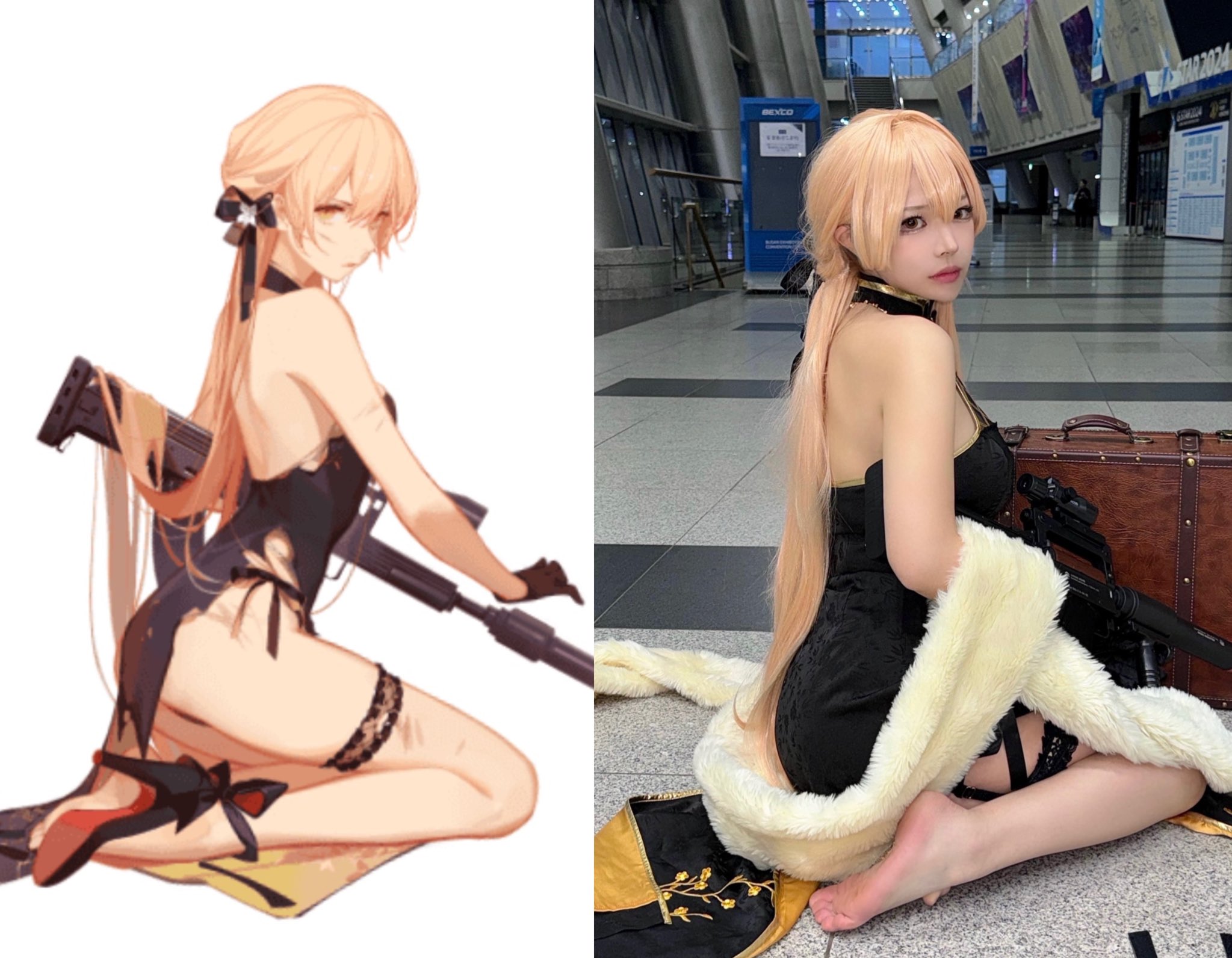 女人带着一把枪和一个行李箱。