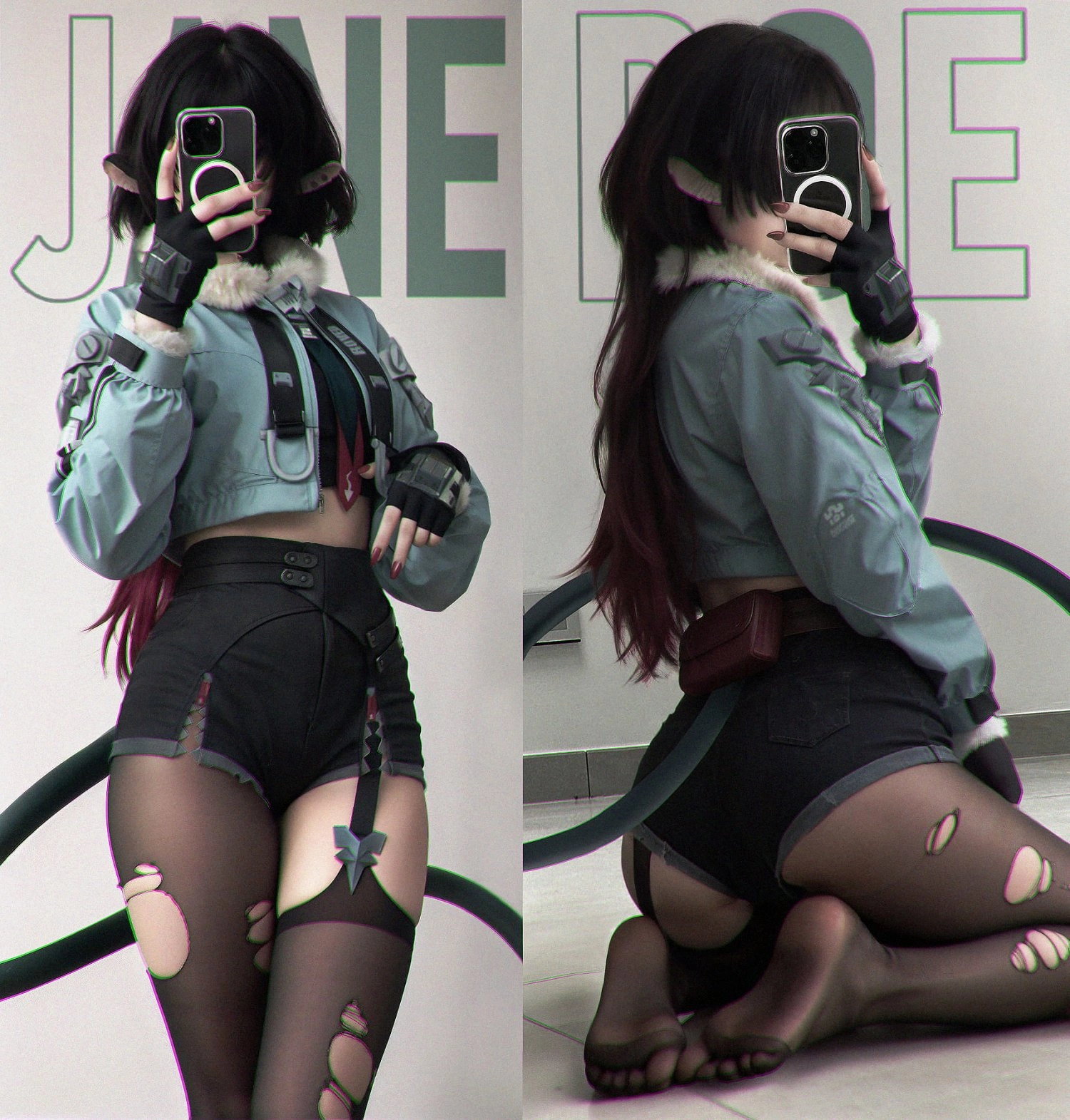 一位穿着蓝色衬衫和黑色短裤的女人拍了一张自拍。