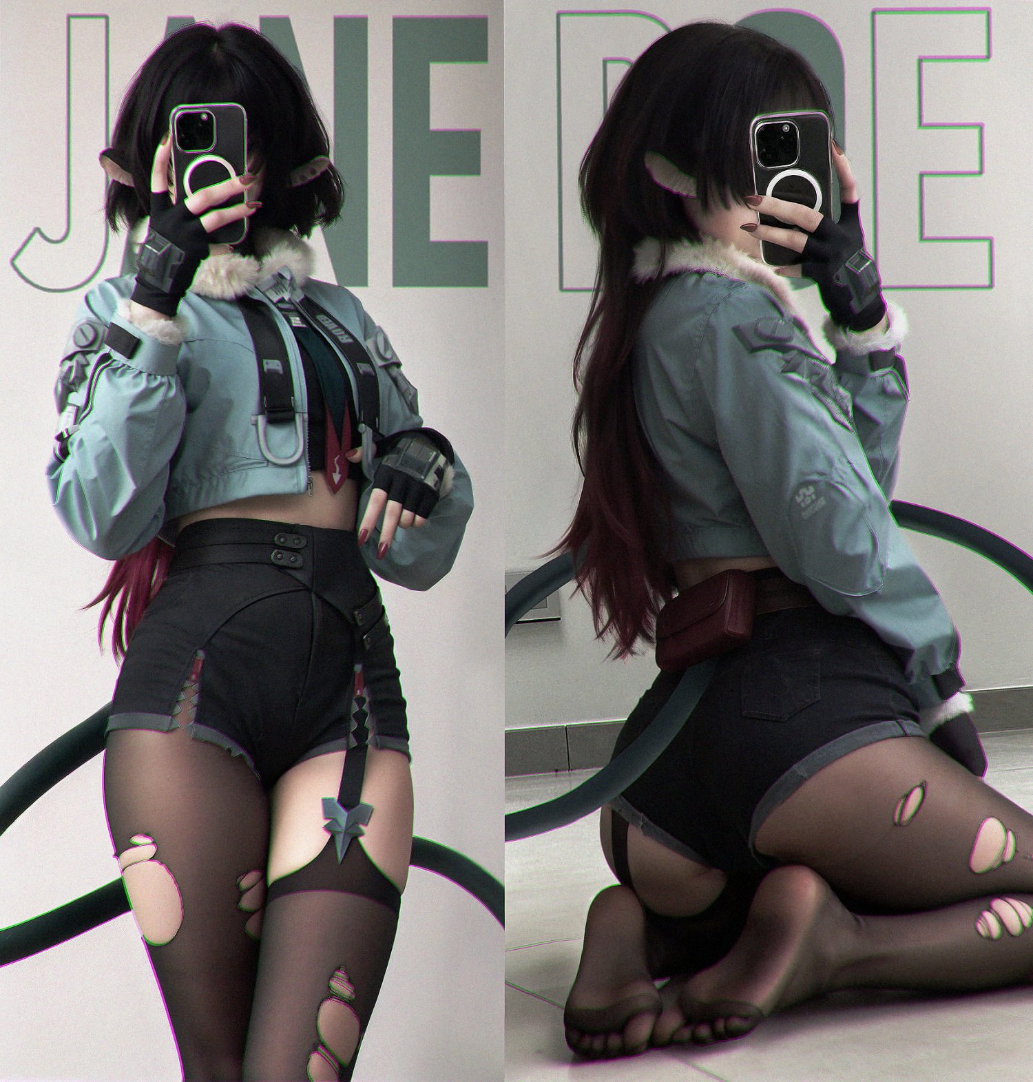 一位穿着蓝色衬衫和黑色短裤的女人拍了一张自拍。