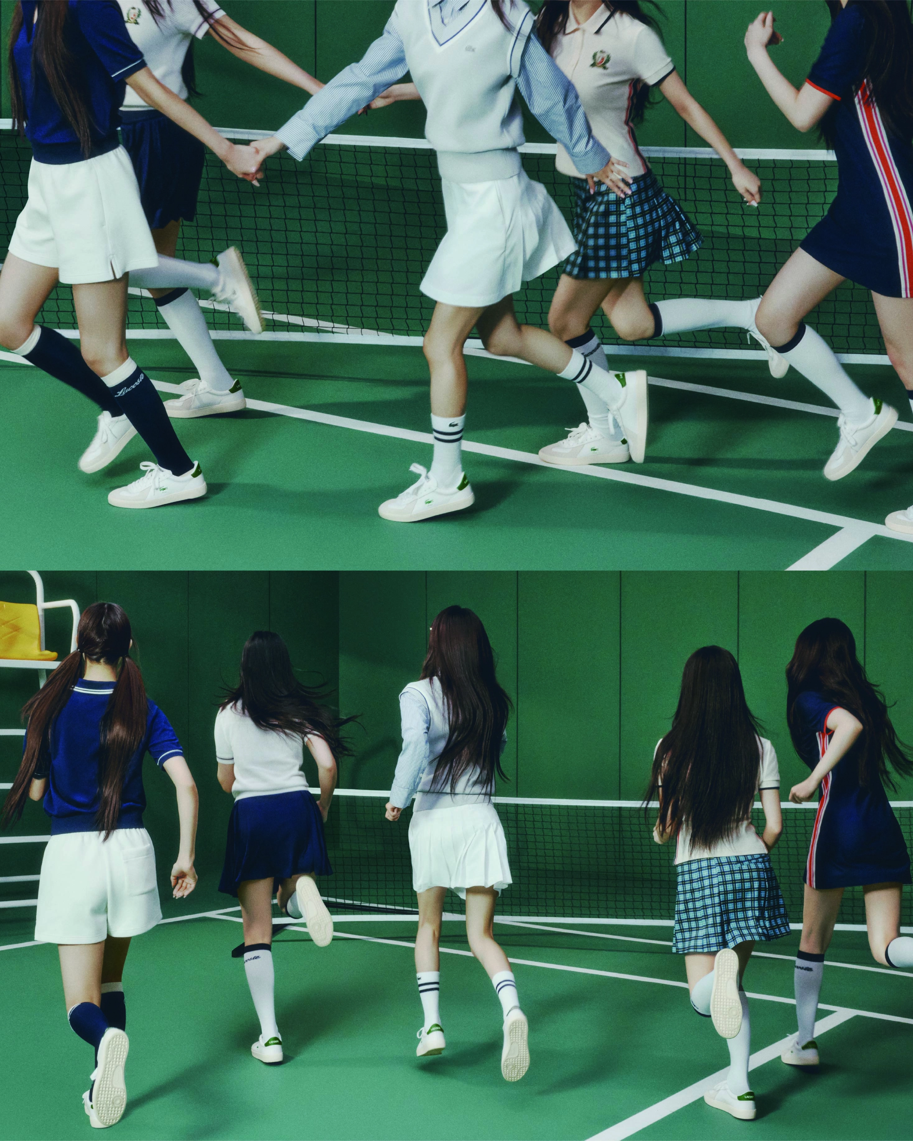 一群女孩在打网球。