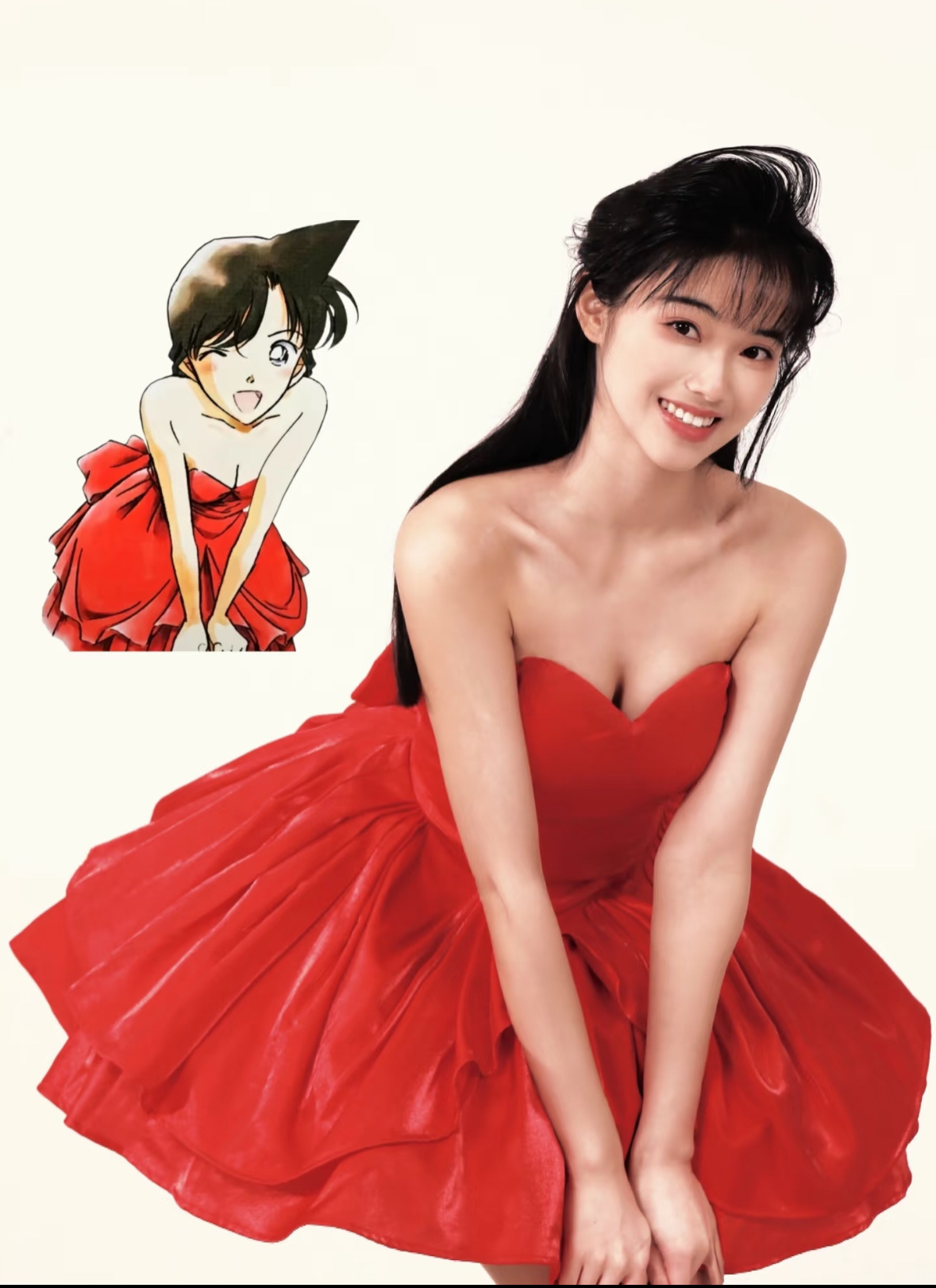 穿着红色裙子和项链的女人微笑着。