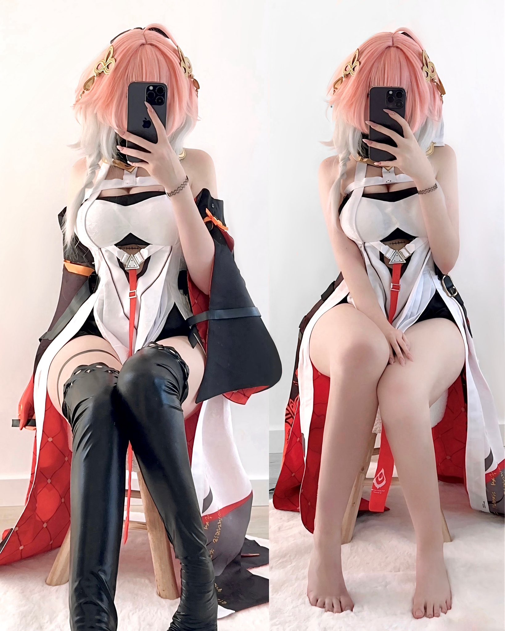 穿白色衣服的女人拍了一张自拍。