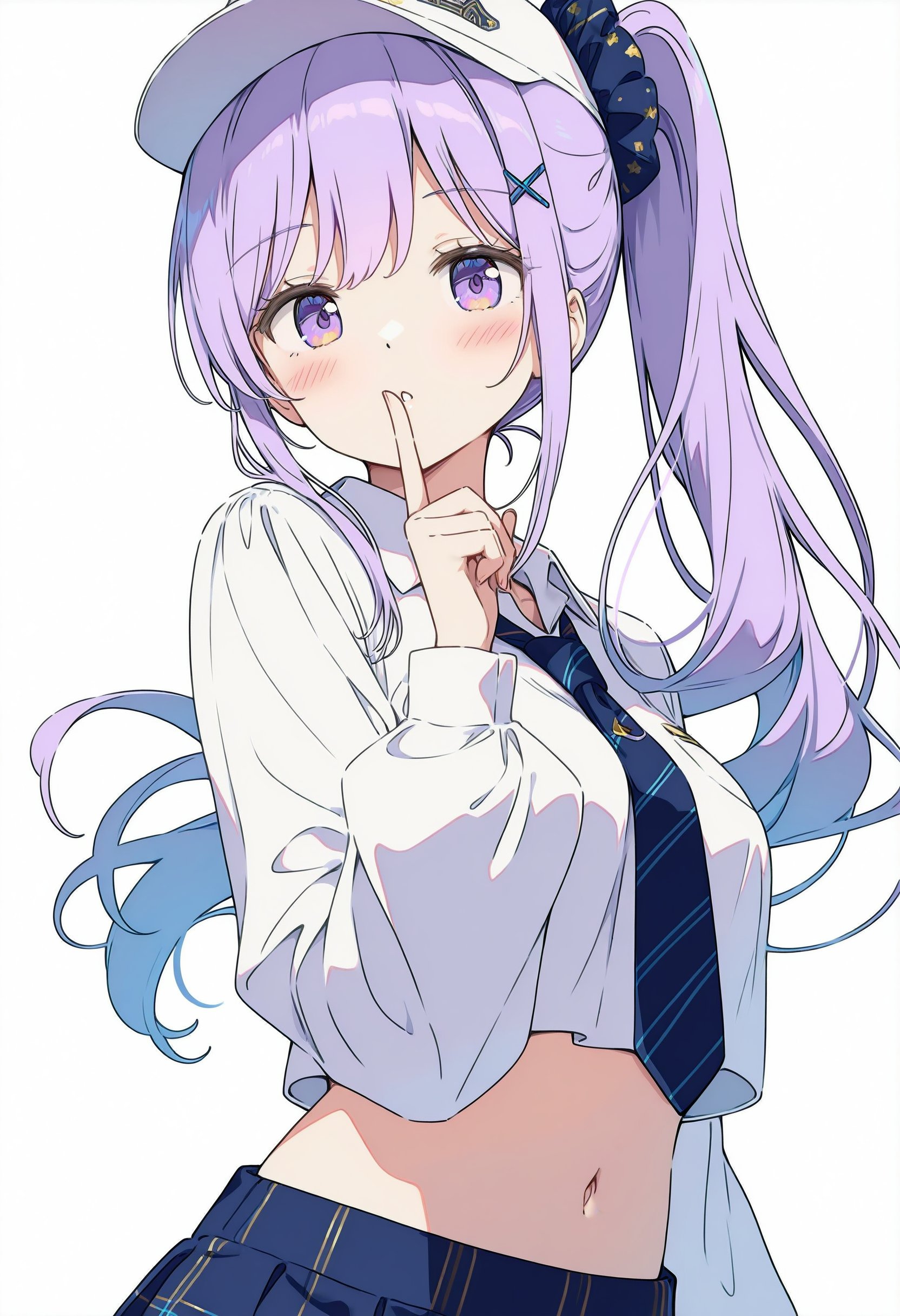 一位女人穿着一件白色衬衫和一件蓝色领带,有紫色的头发和紫色的鼻子。