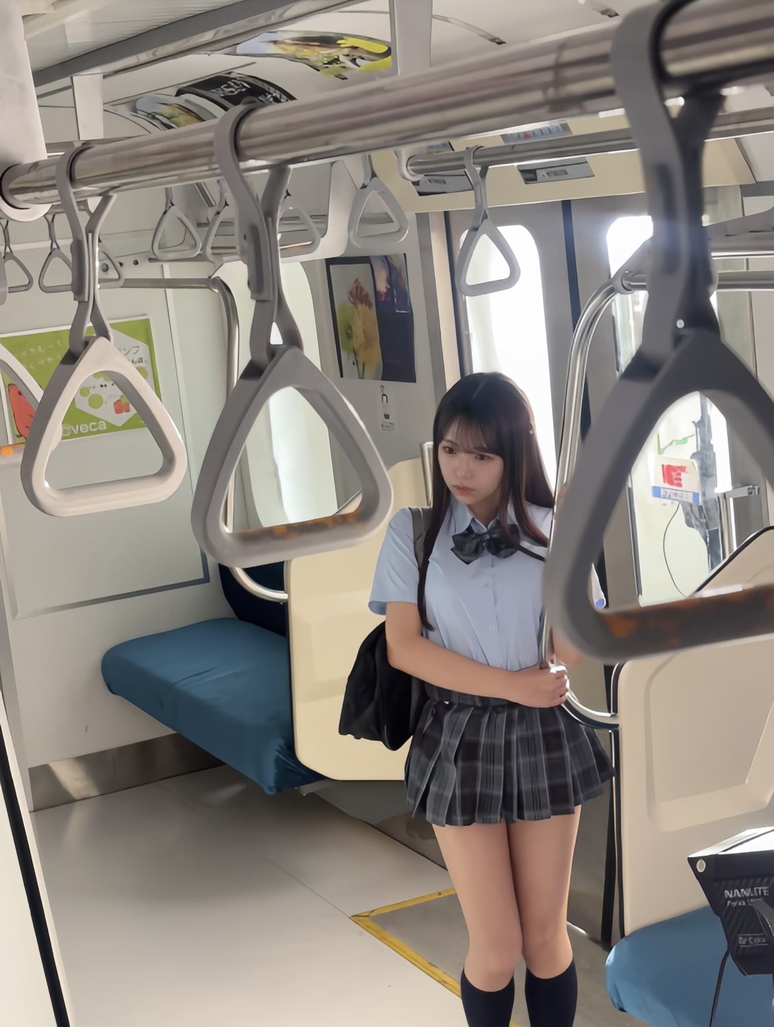 一位穿着蓝色衬衫和黑色裙子的女人站在镜子前。