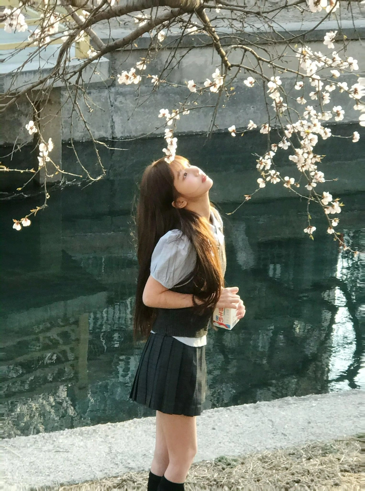 长头发和裙子的女孩正在仰望天空。