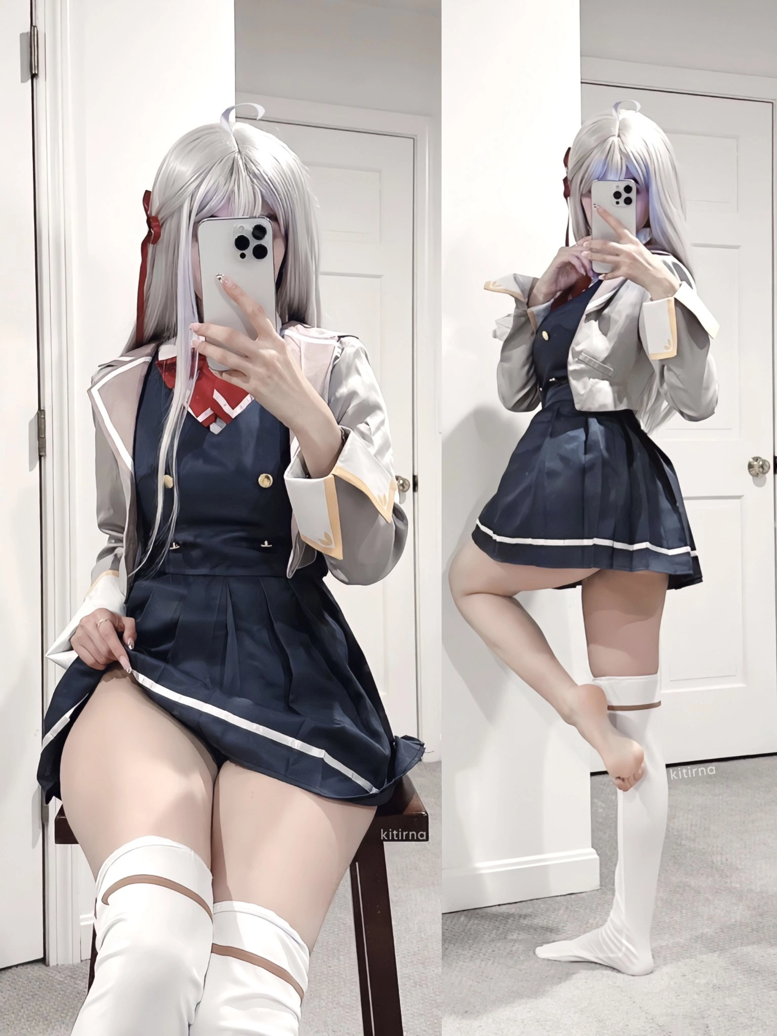 女人穿着蓝色裙子拍自拍。