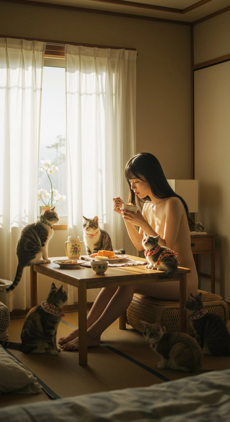 女人坐在一张桌子上,一只猫在她的膝盖上,另一只猫在桌子上。