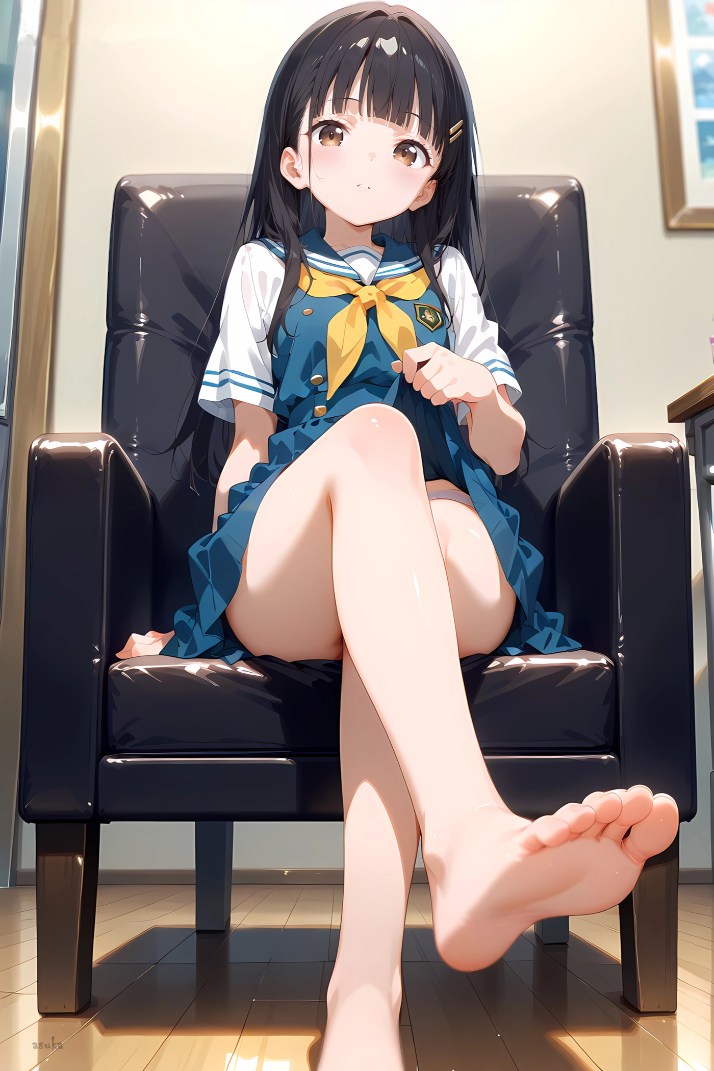 穿着蓝色衣服的女孩坐在黑色的椅子上。