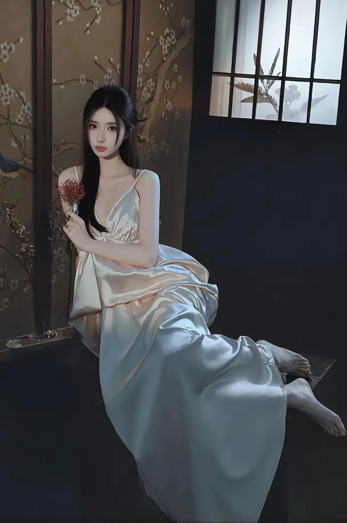 穿着白色衣服的女人抱着一朵花。