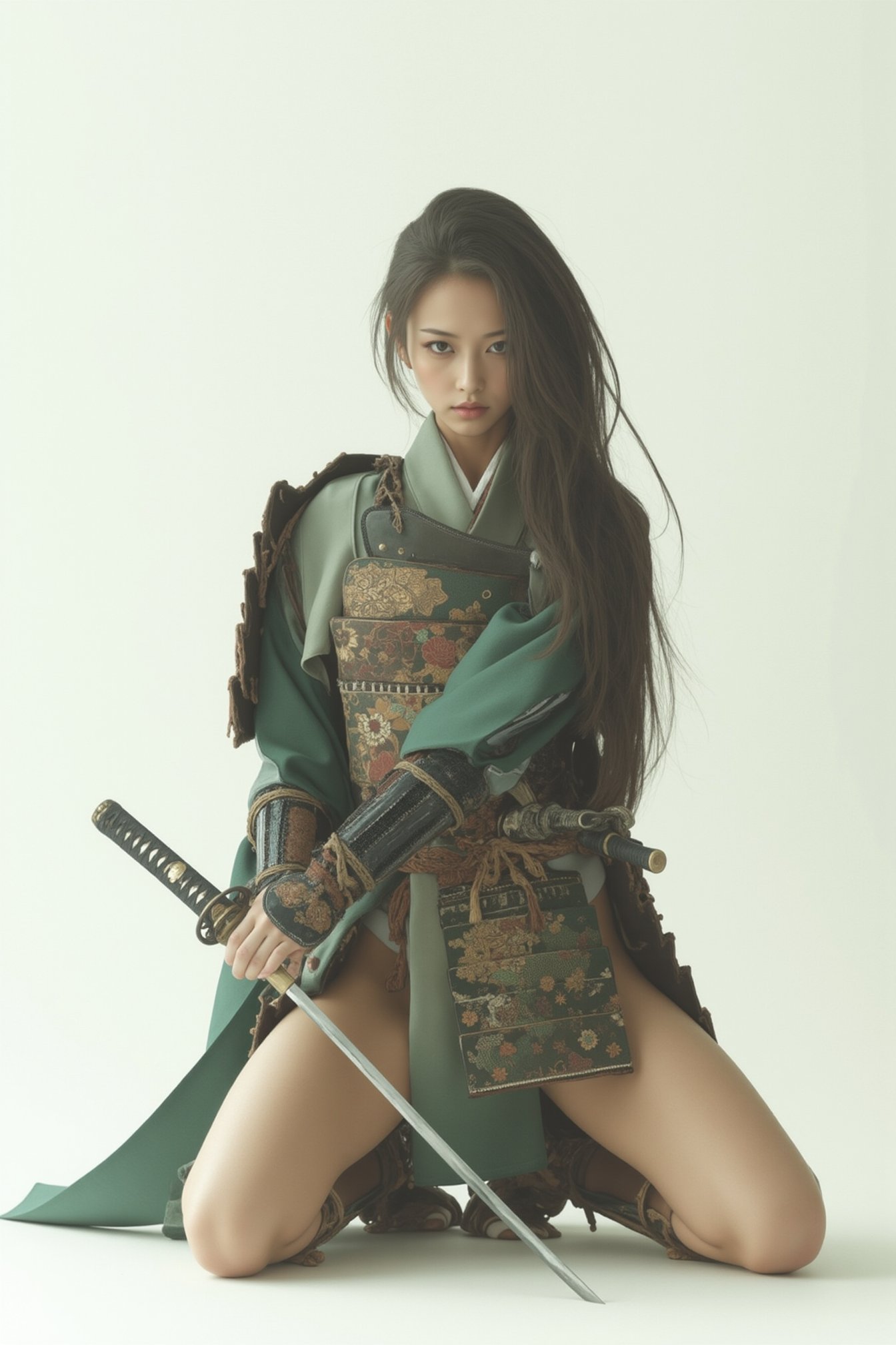 一位穿绿色吉莫诺的女人拿着一把剑。