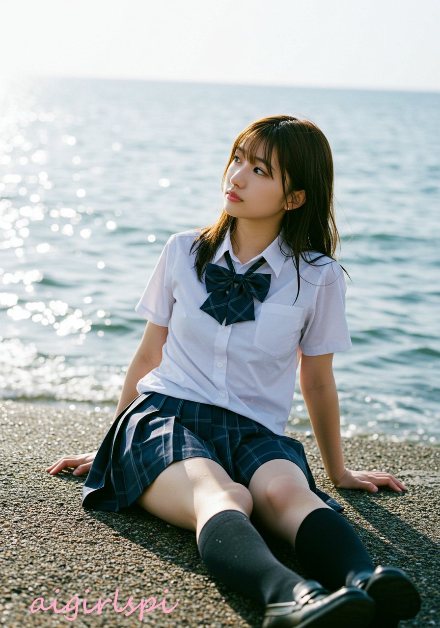 穿着白衬衫和蓝弓的女孩坐在海滩上。