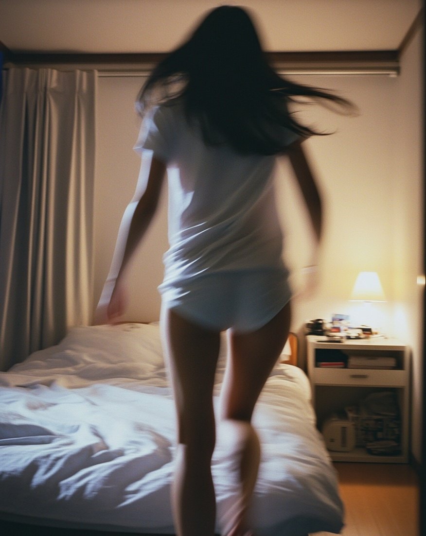 穿白衬衫和短裤的女人在卧室里跳舞。