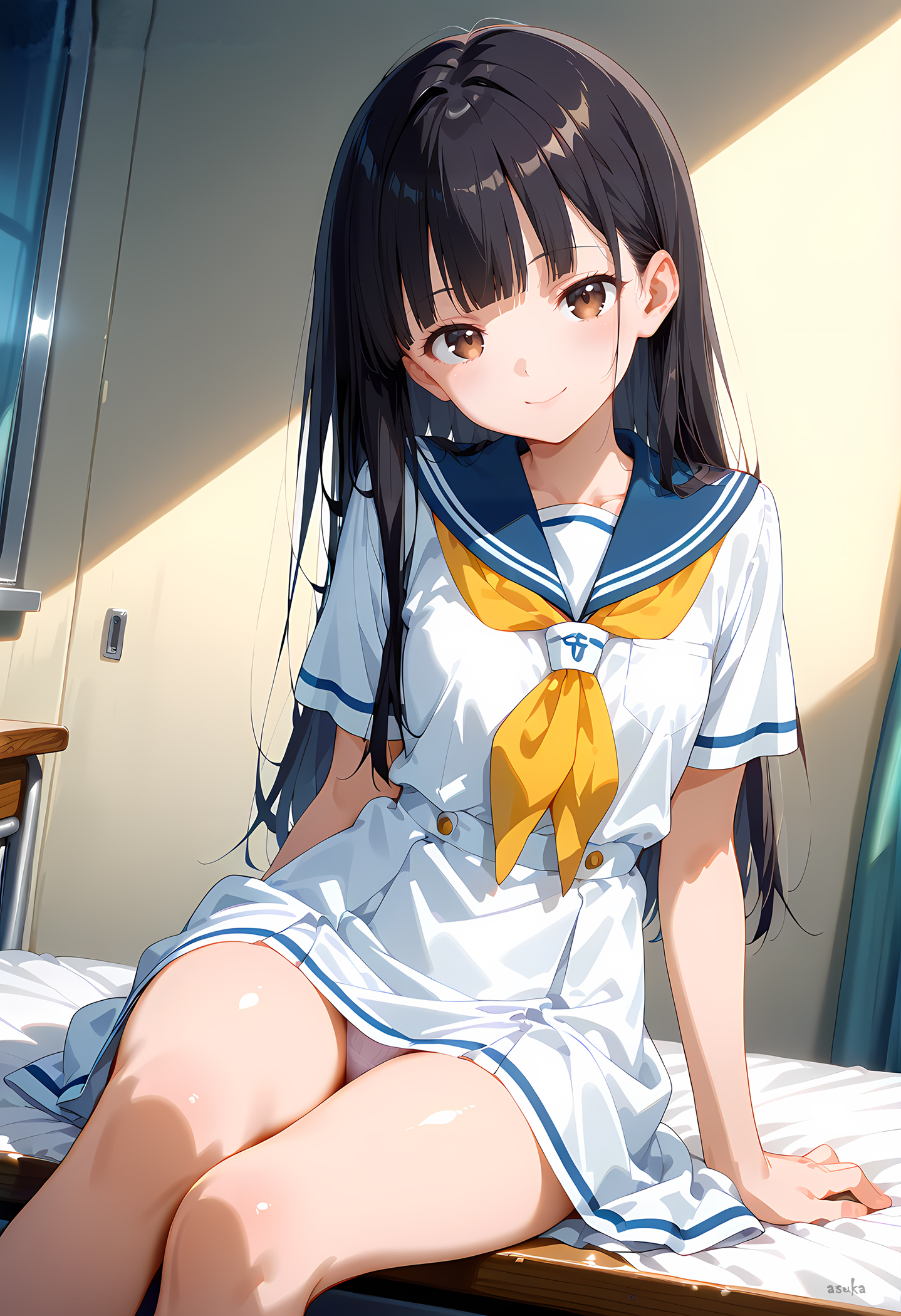 穿着白色裙子的女人,有一条黄色的弓。