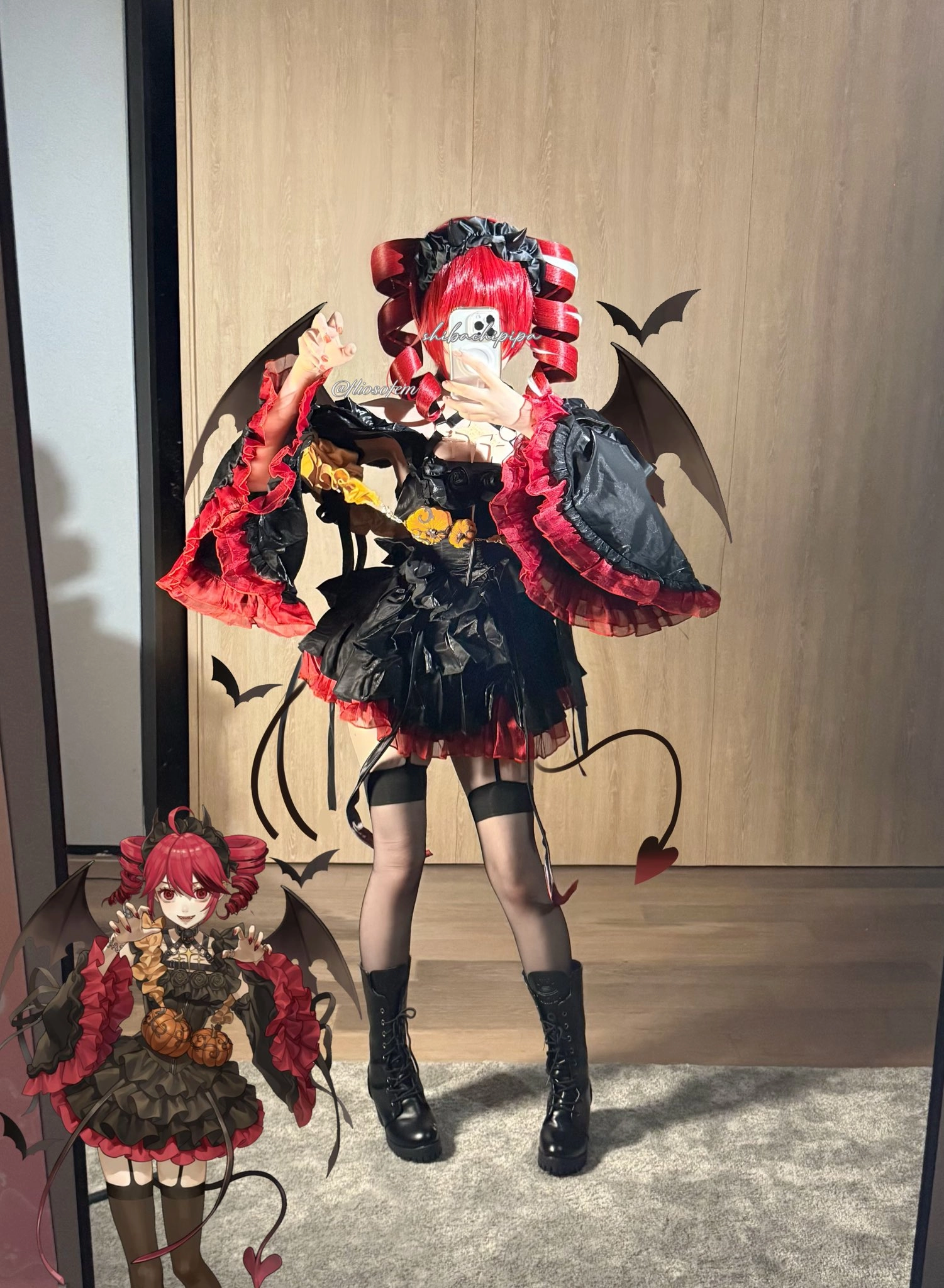 女人穿着红色和黑色服装拍自拍。