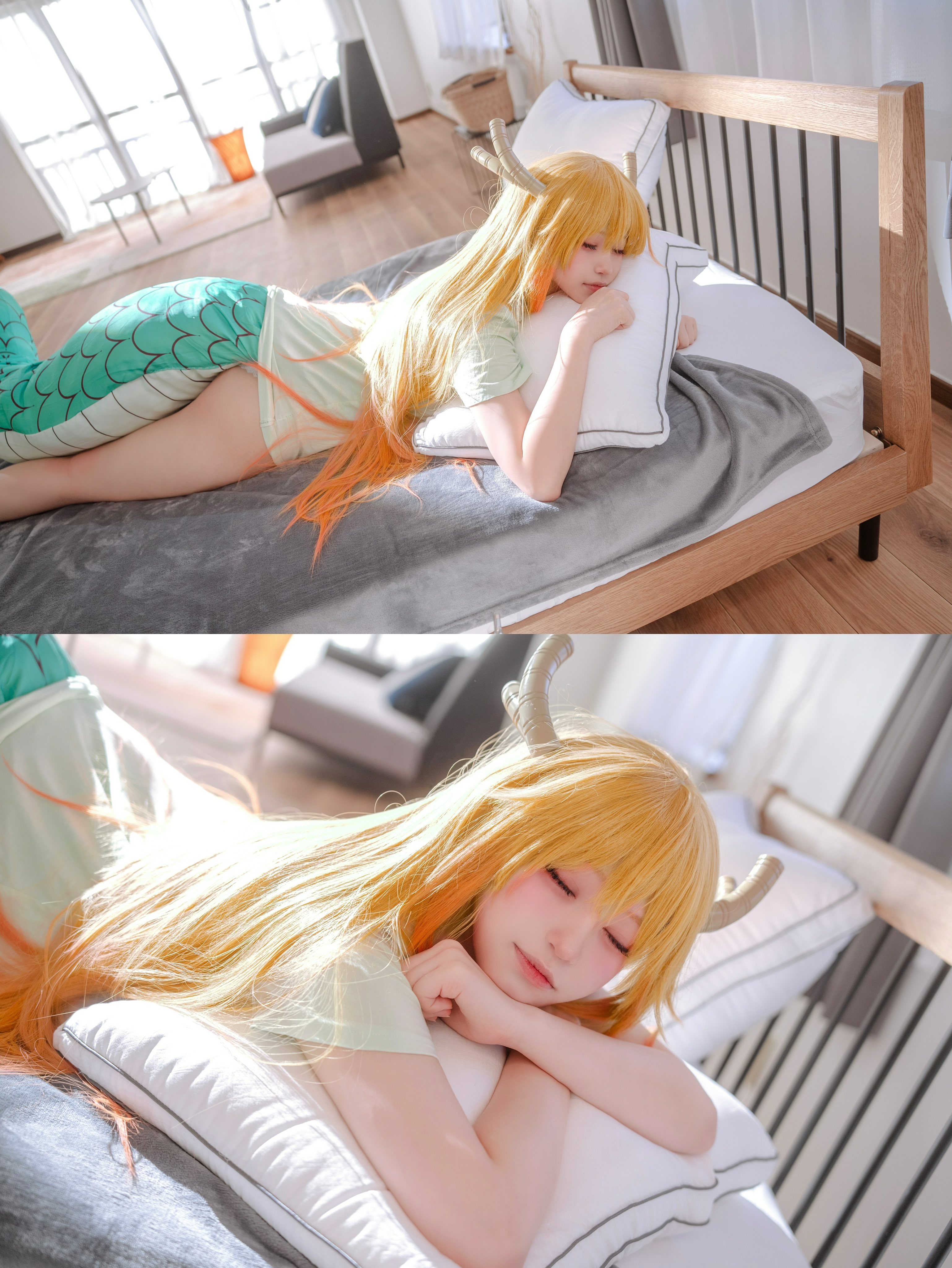 一位长发、绿色和橙色的女人躺在床上。