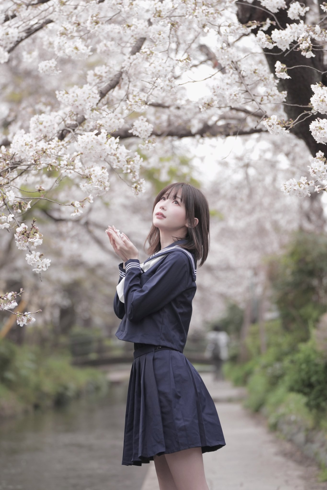 穿着蓝色衣服的女人站在一棵满是白色的花朵的树下。