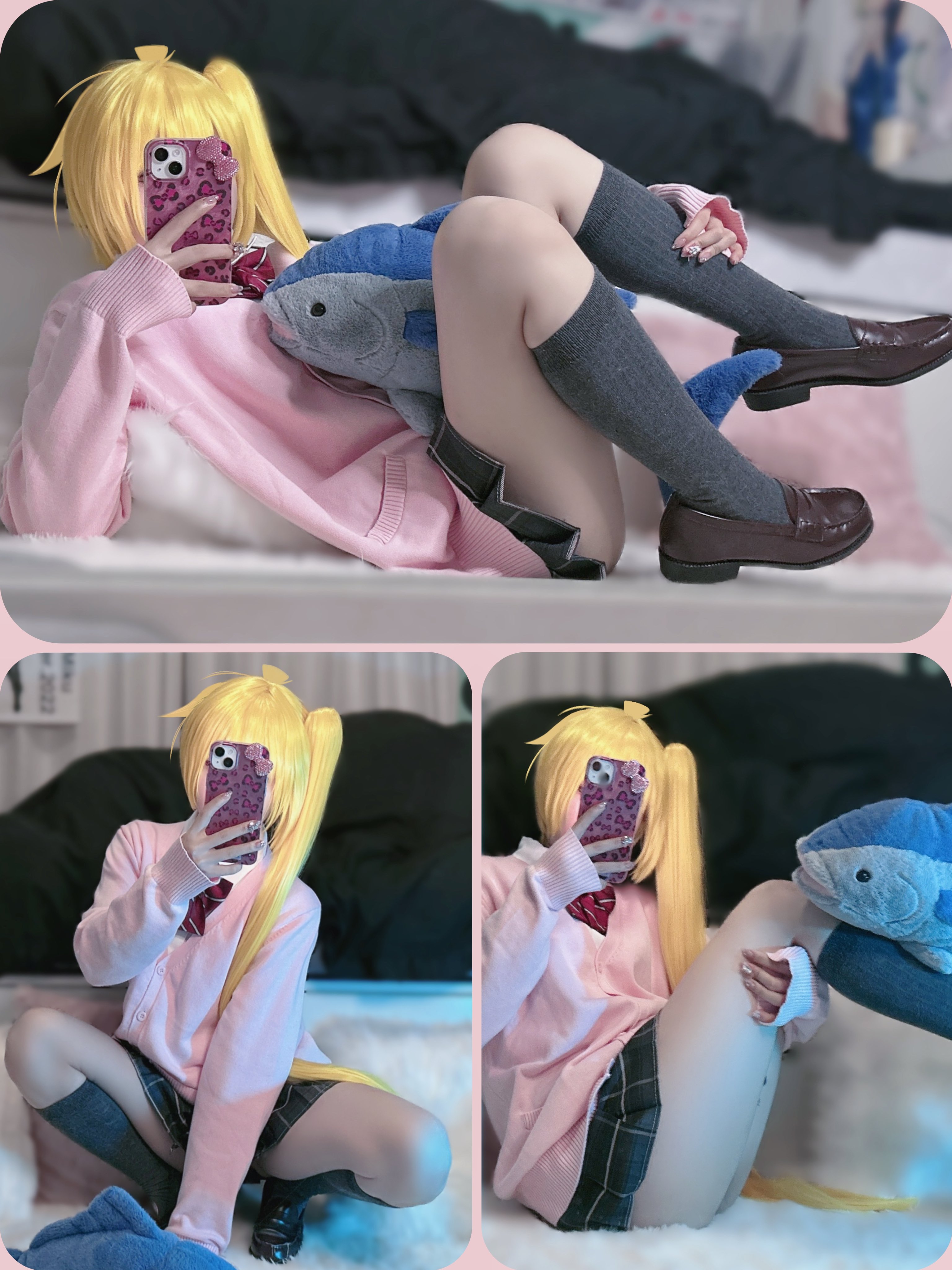 女孩带着一条鱼拍自拍。