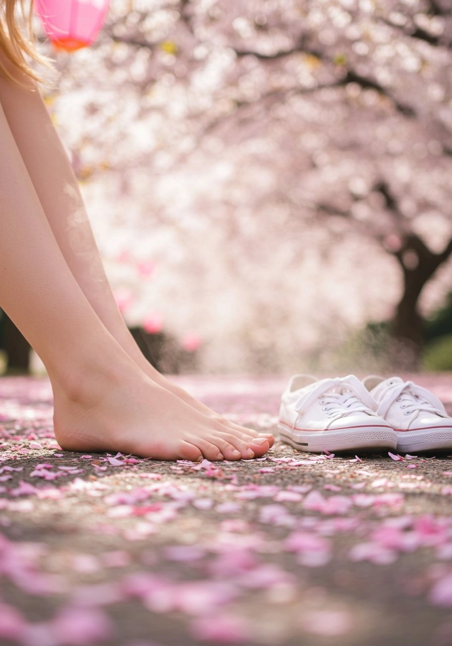 一对白色鞋子坐在粉红色花朵覆盖的地板上。