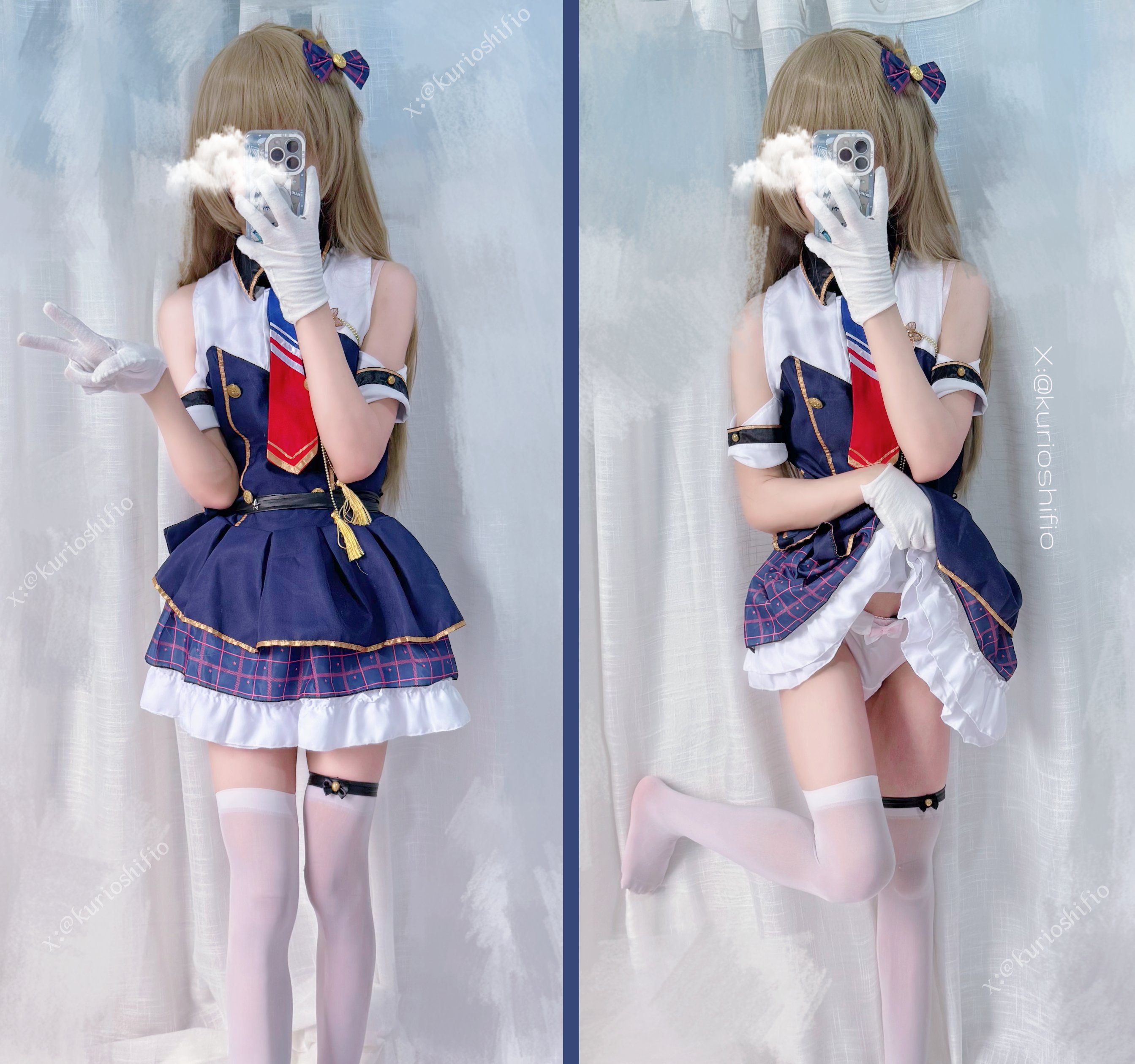 女孩穿着蓝色裙子拍自拍。