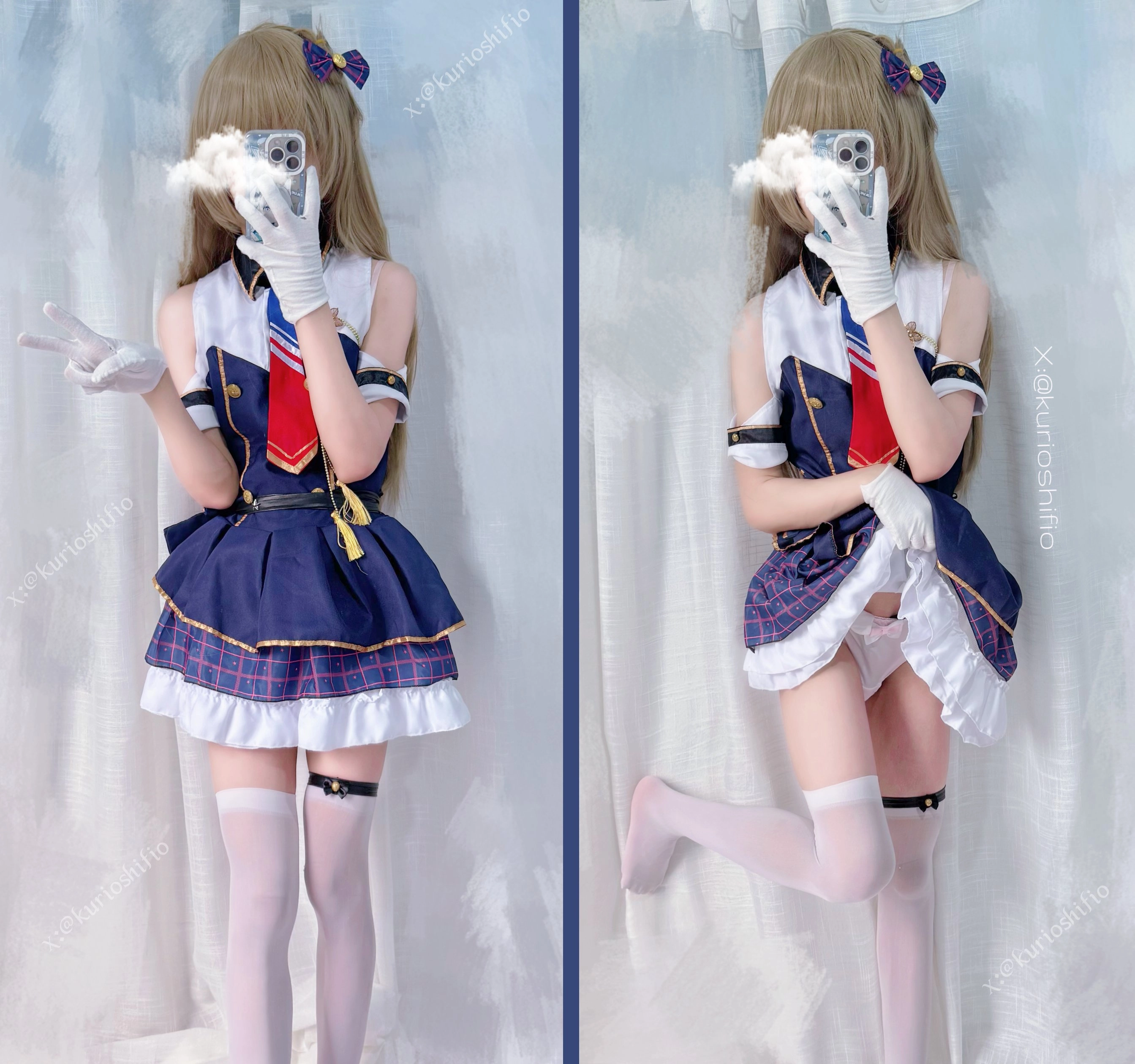 女孩穿着蓝色裙子拍自拍。