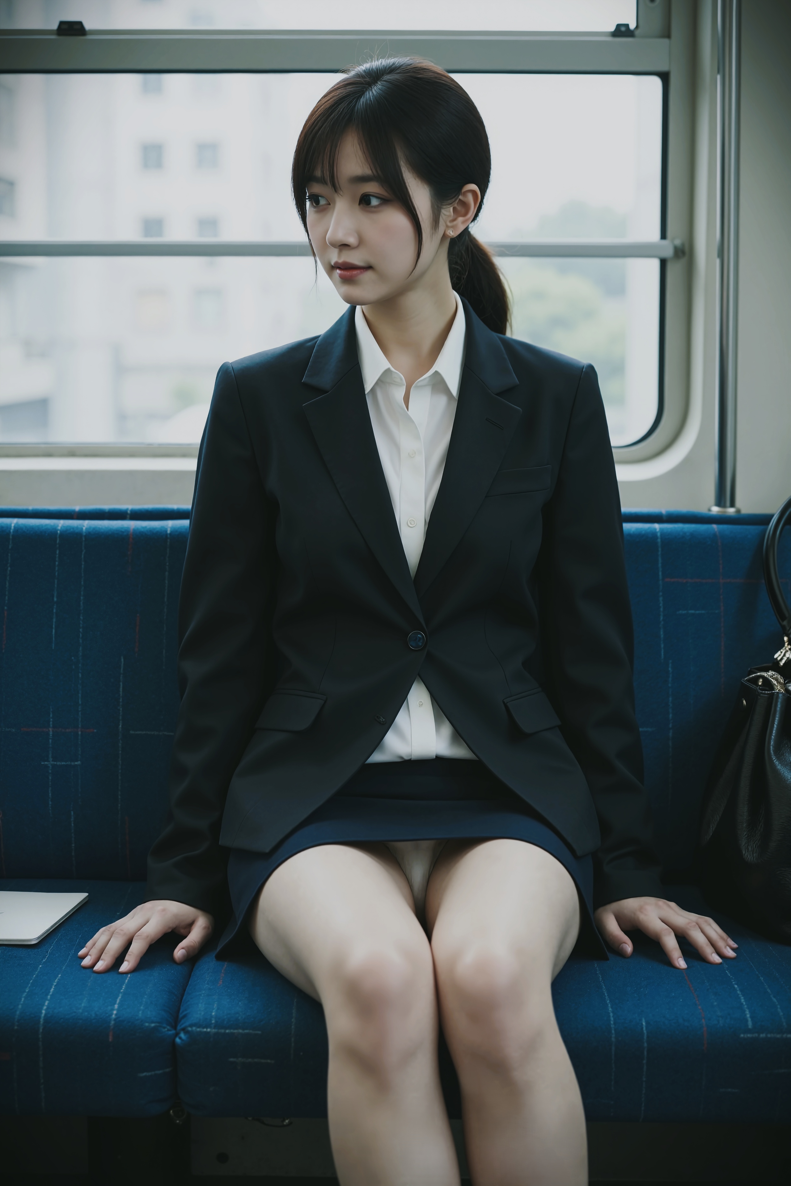 穿着黑色服装的女人坐在火车上。