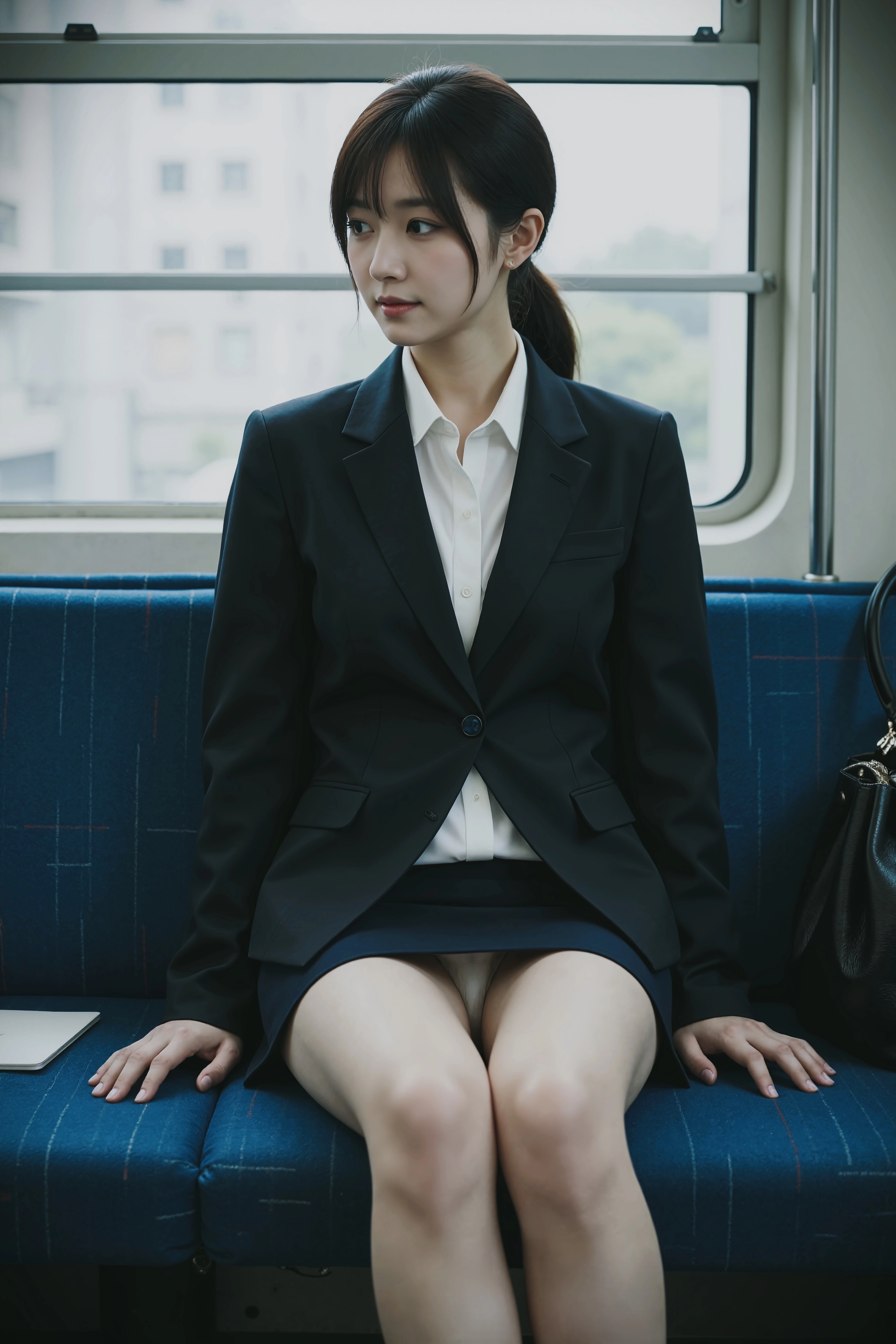 穿着黑色服装的女人坐在火车上。