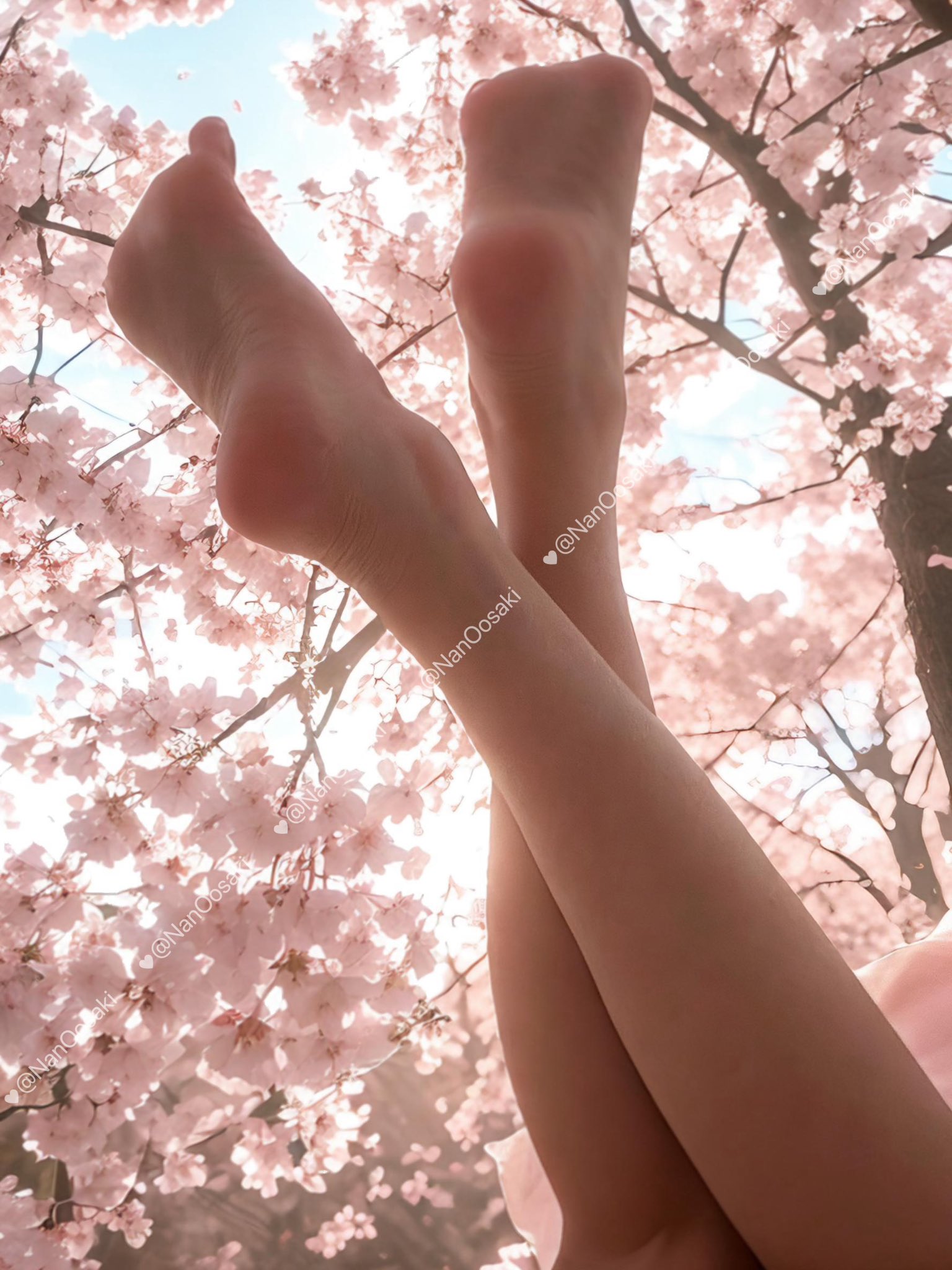 女人的腿被交叉在一棵充满了粉红色的花朵的树前。