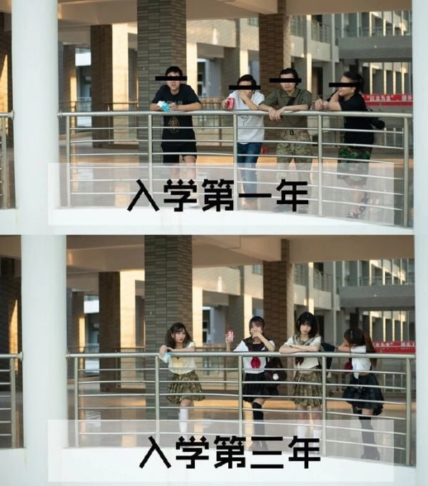 四个人穿着黑色衬衫和白色裤子站在阳台上。