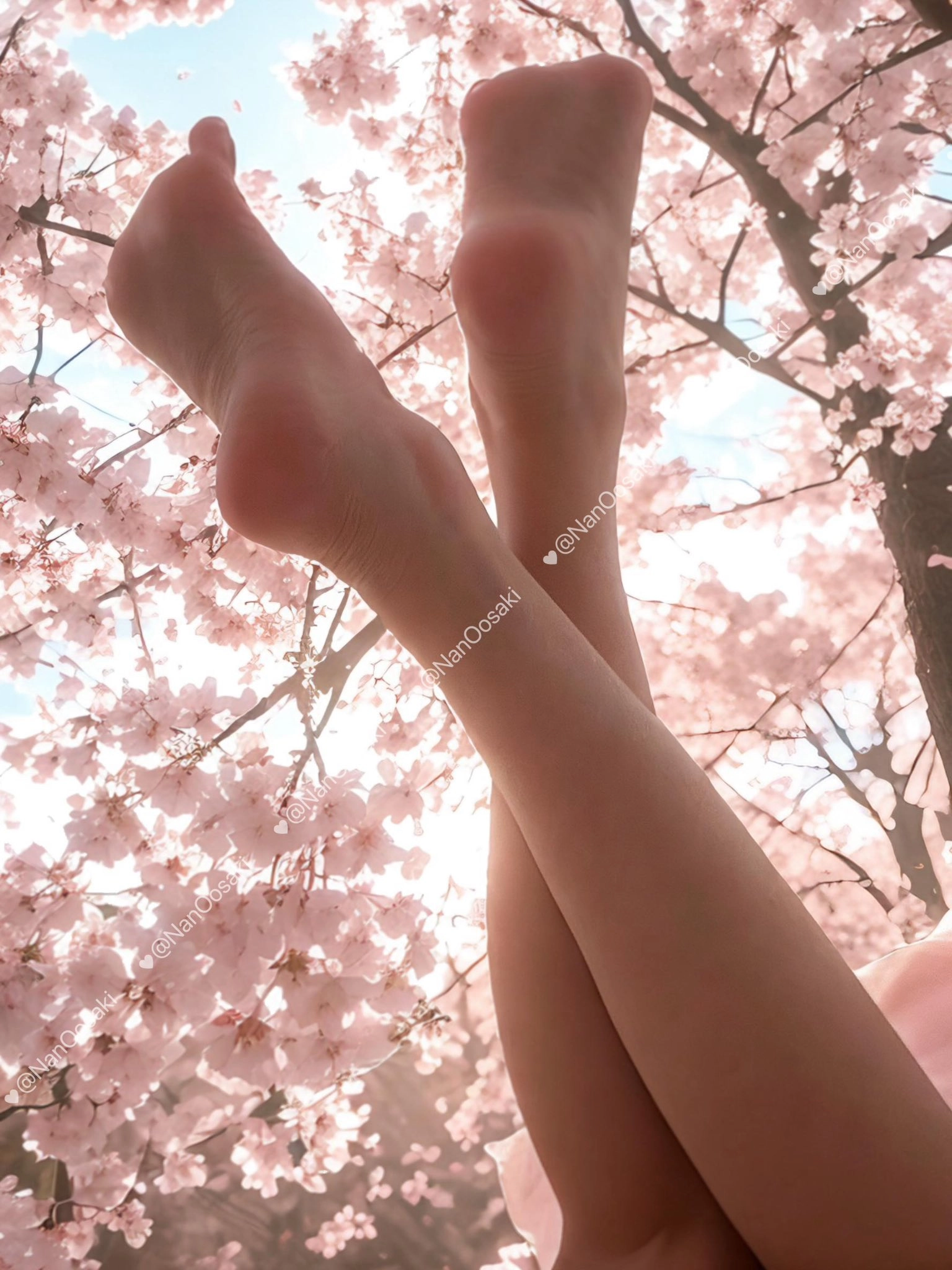 女人的腿被交叉在一棵充满了粉红色的花朵的树前。