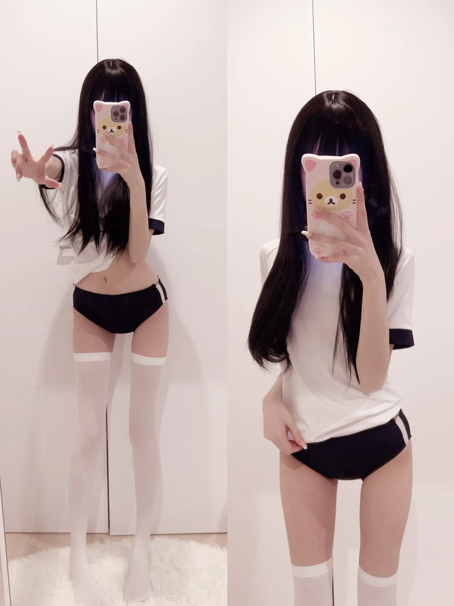 长头发和白衬衫的女孩拍了一张自拍。