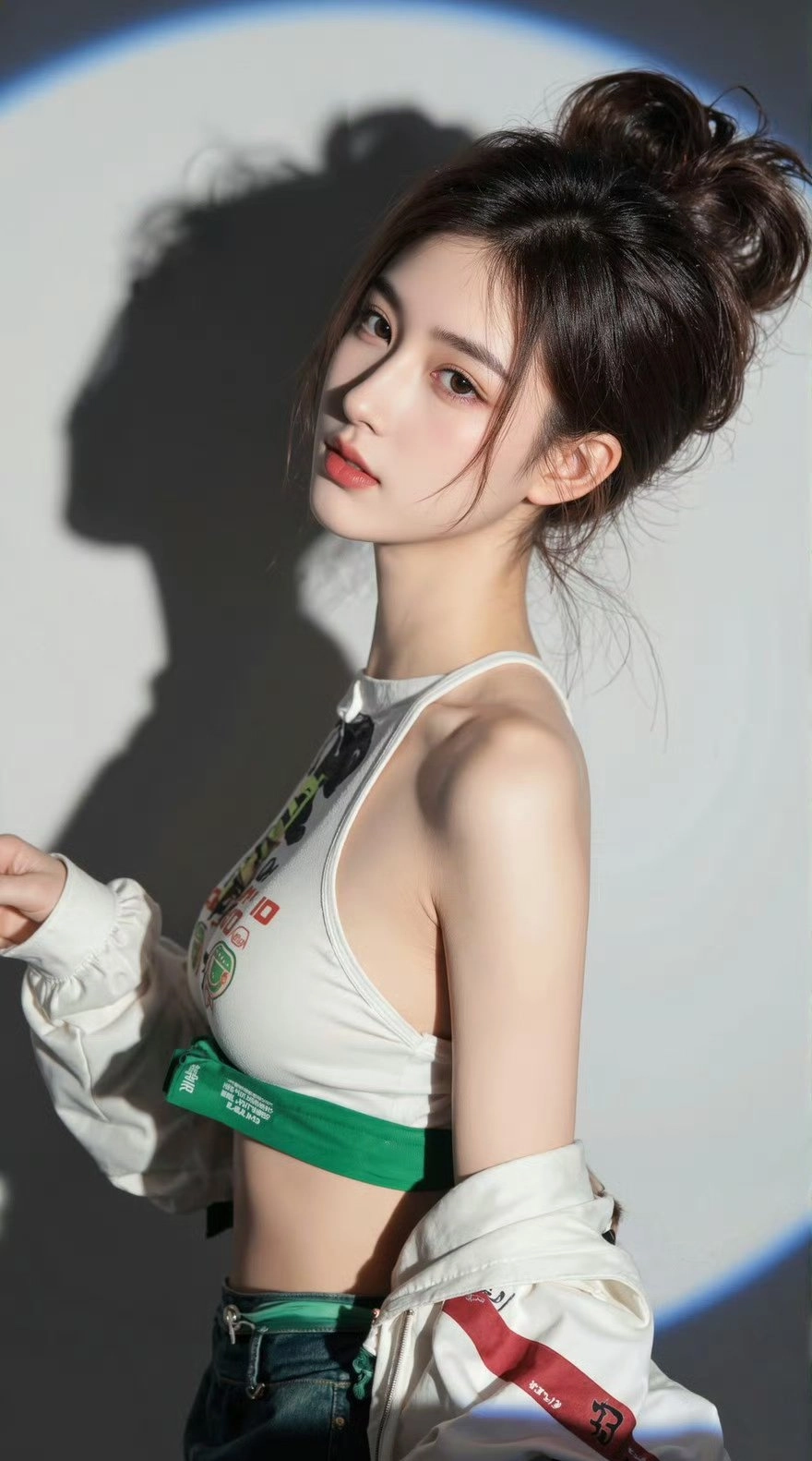 长长的头发和绿色领带的女人。