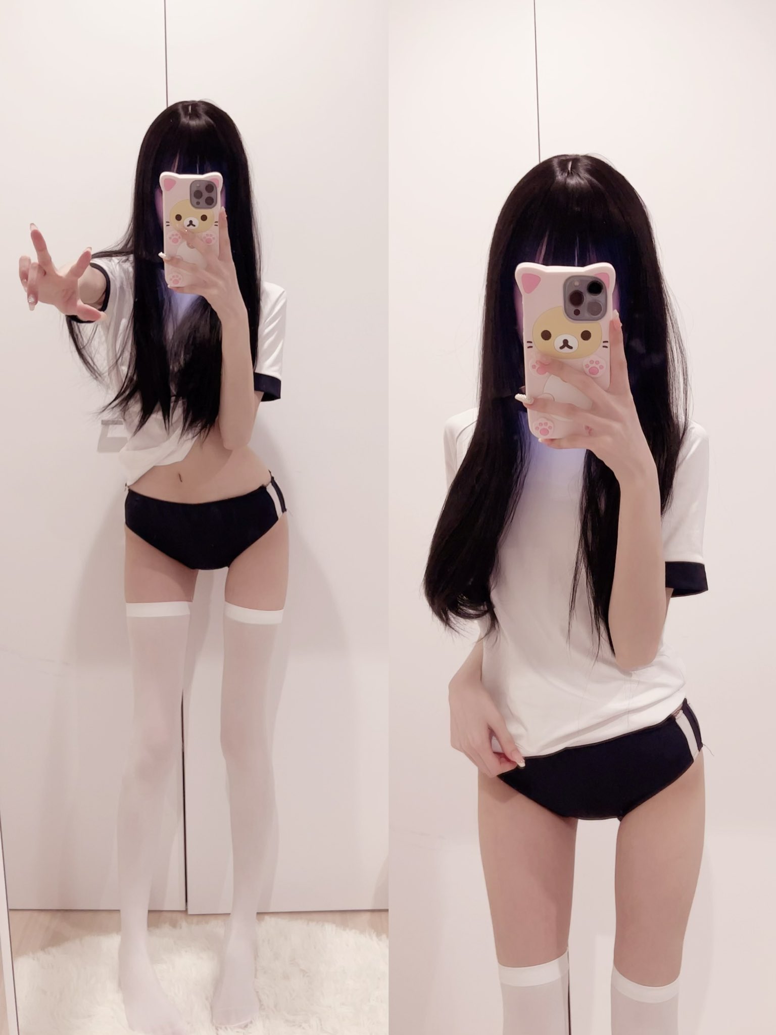 长头发和白衬衫的女孩拍了一张自拍。