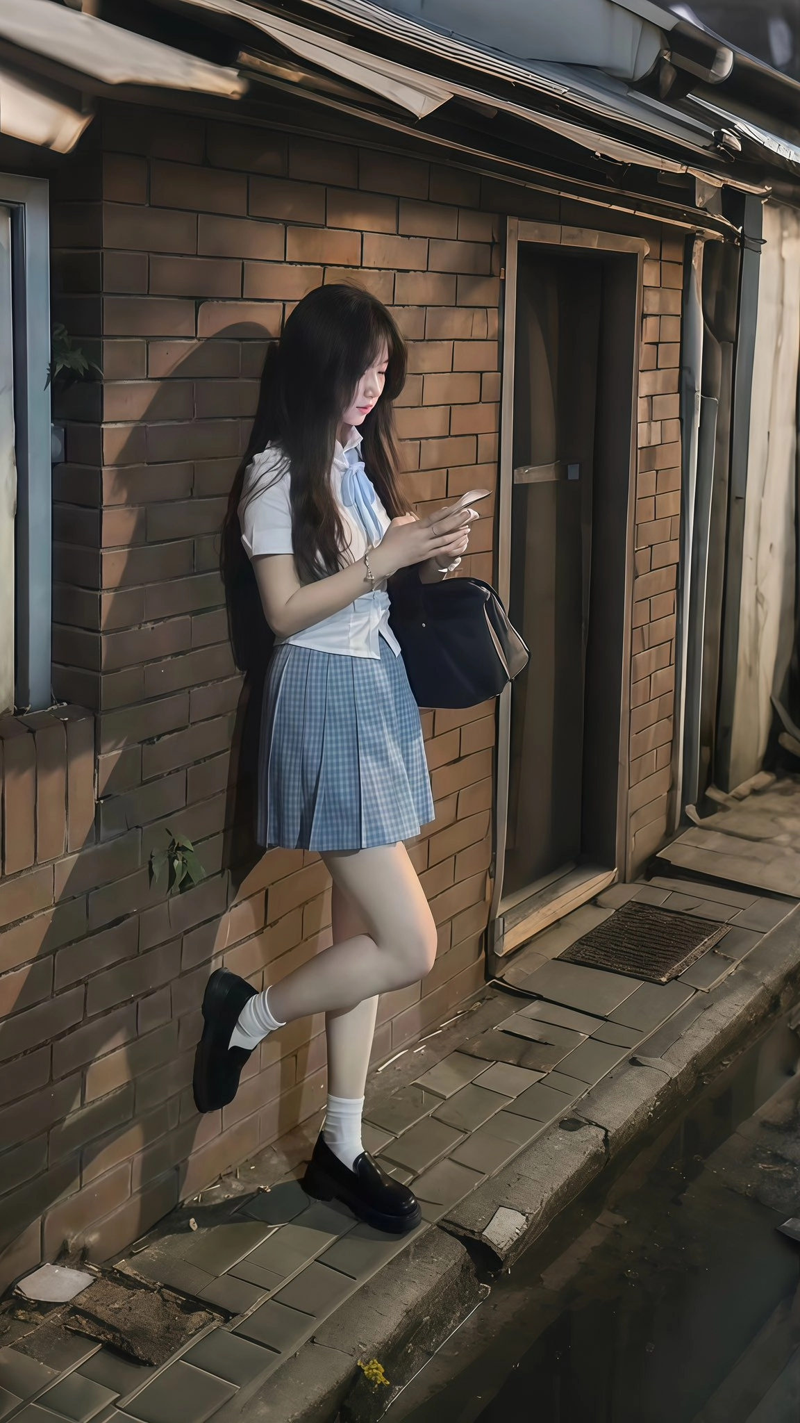 一位穿着蓝色和白色裙子的女人正在检查她的手机。