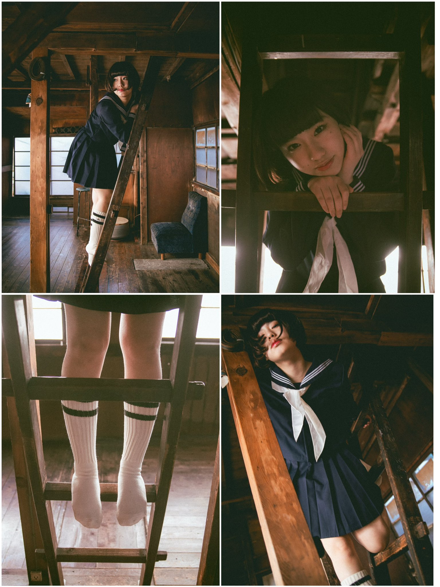 穿着水手服的女孩爬上一个楼梯。