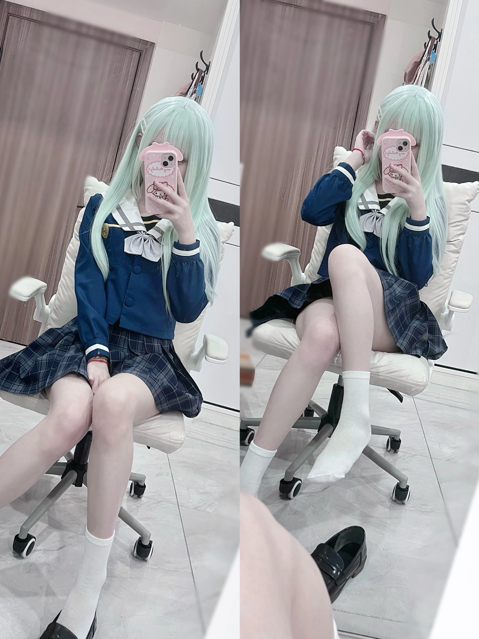 女人在椅子上拍自拍。