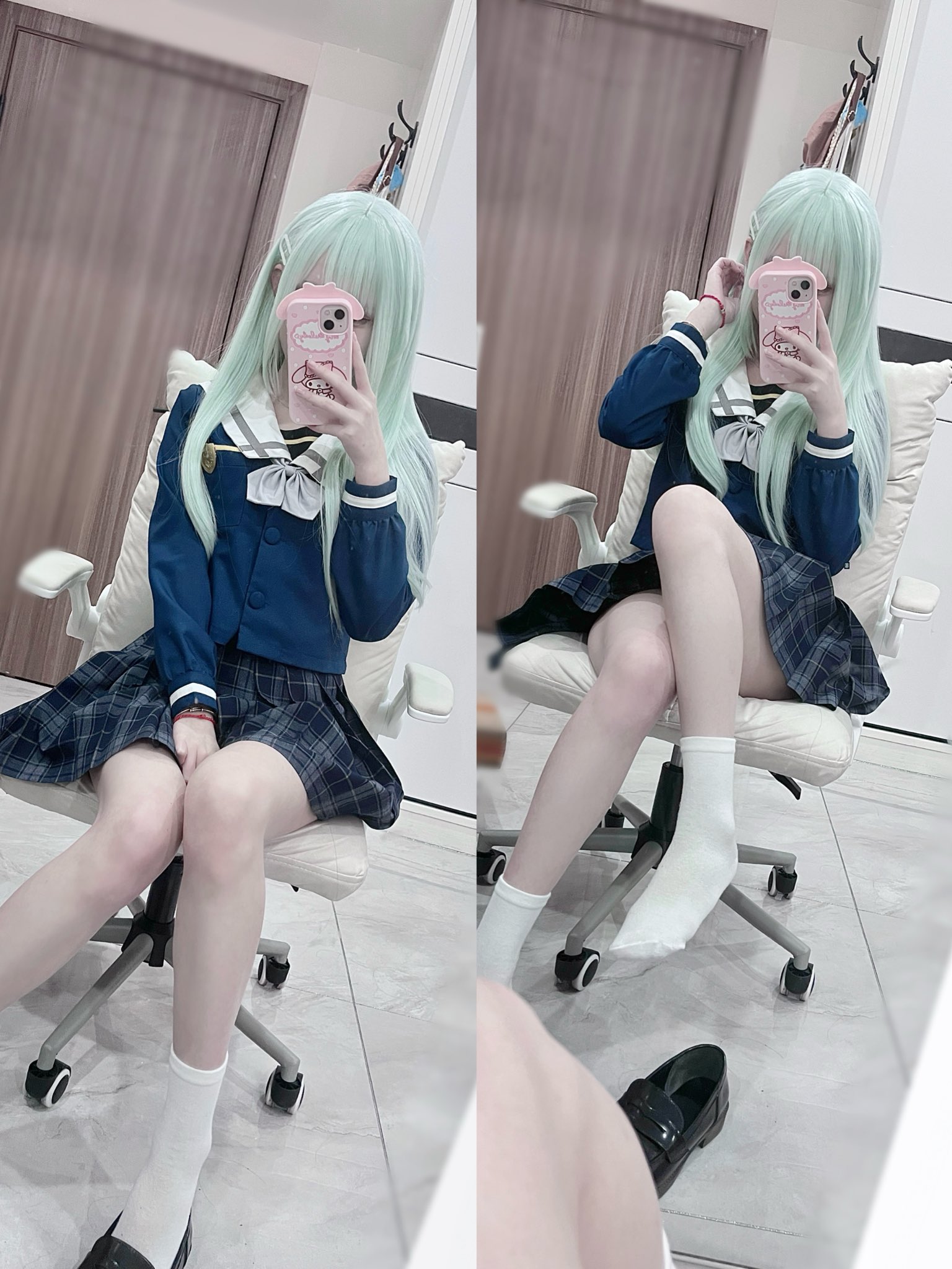 女人在椅子上拍自拍。