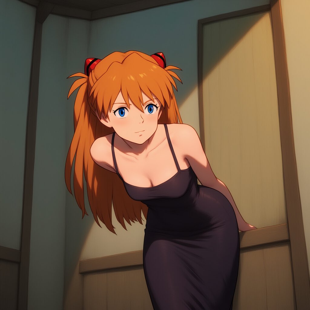 身穿黑色裙子的女人,头发红色,眼睛蓝色。