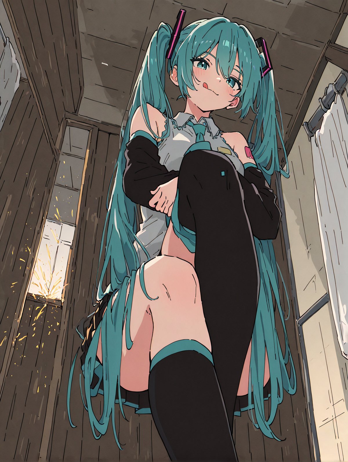 穿蓝色衣服的女人坐在厕所里。