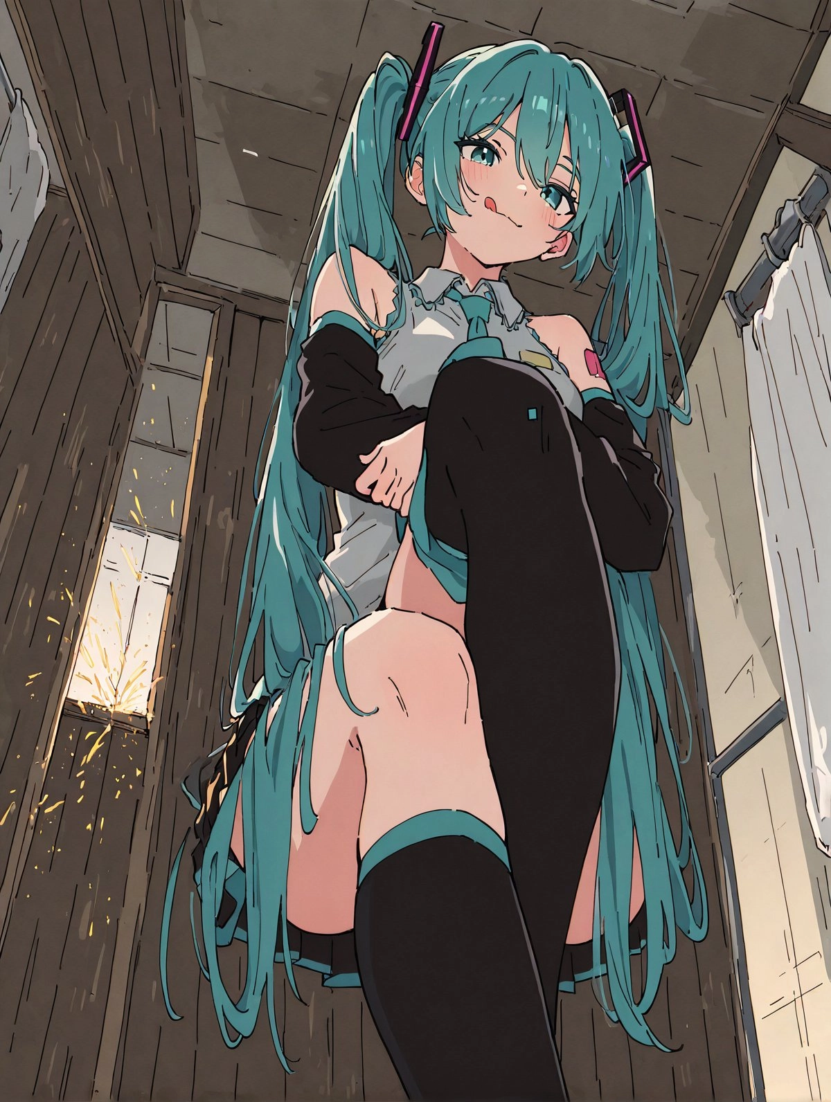 穿蓝色衣服的女人坐在厕所里。