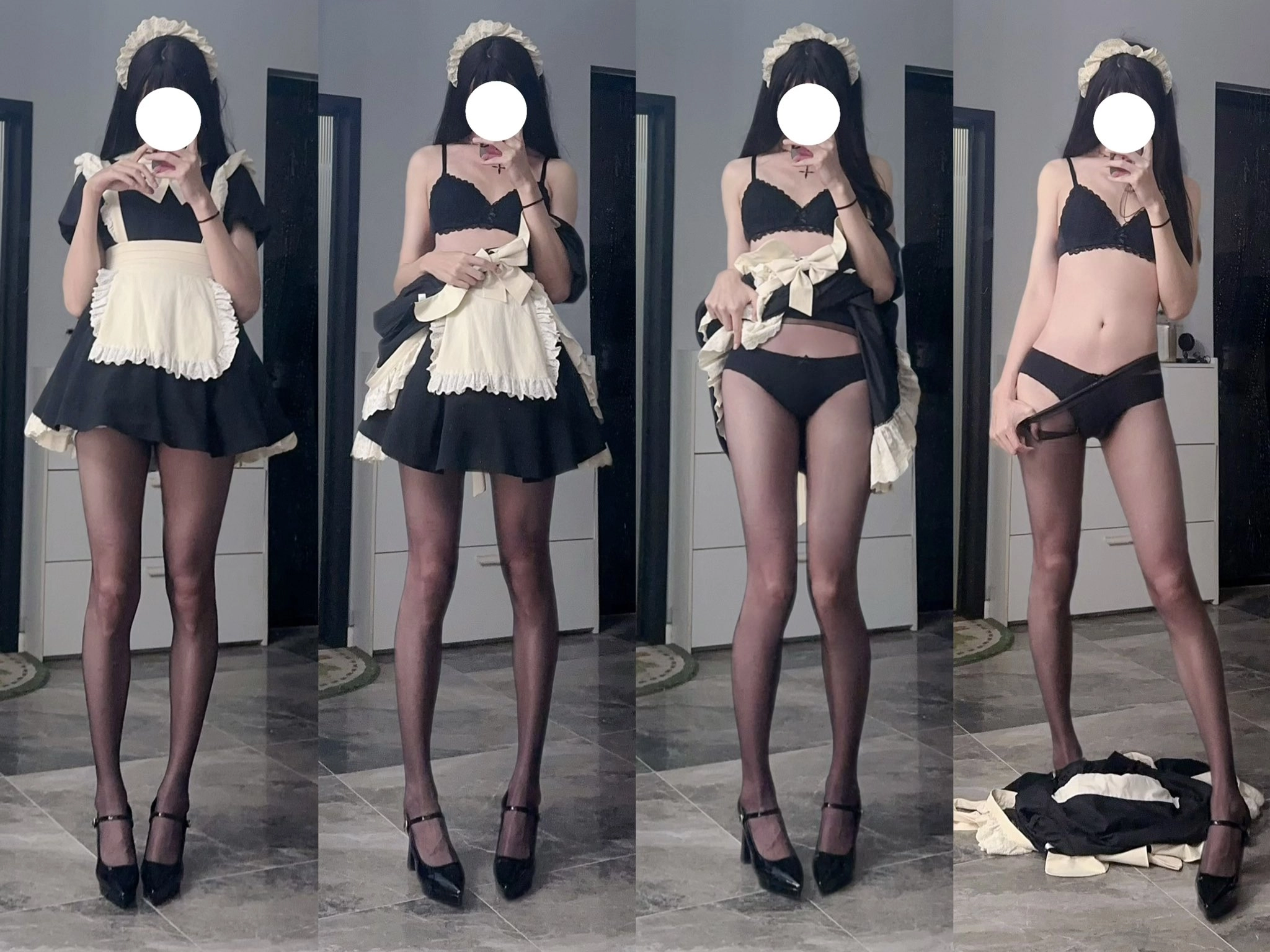 穿着女仆的服装的女人拍了一张自拍。