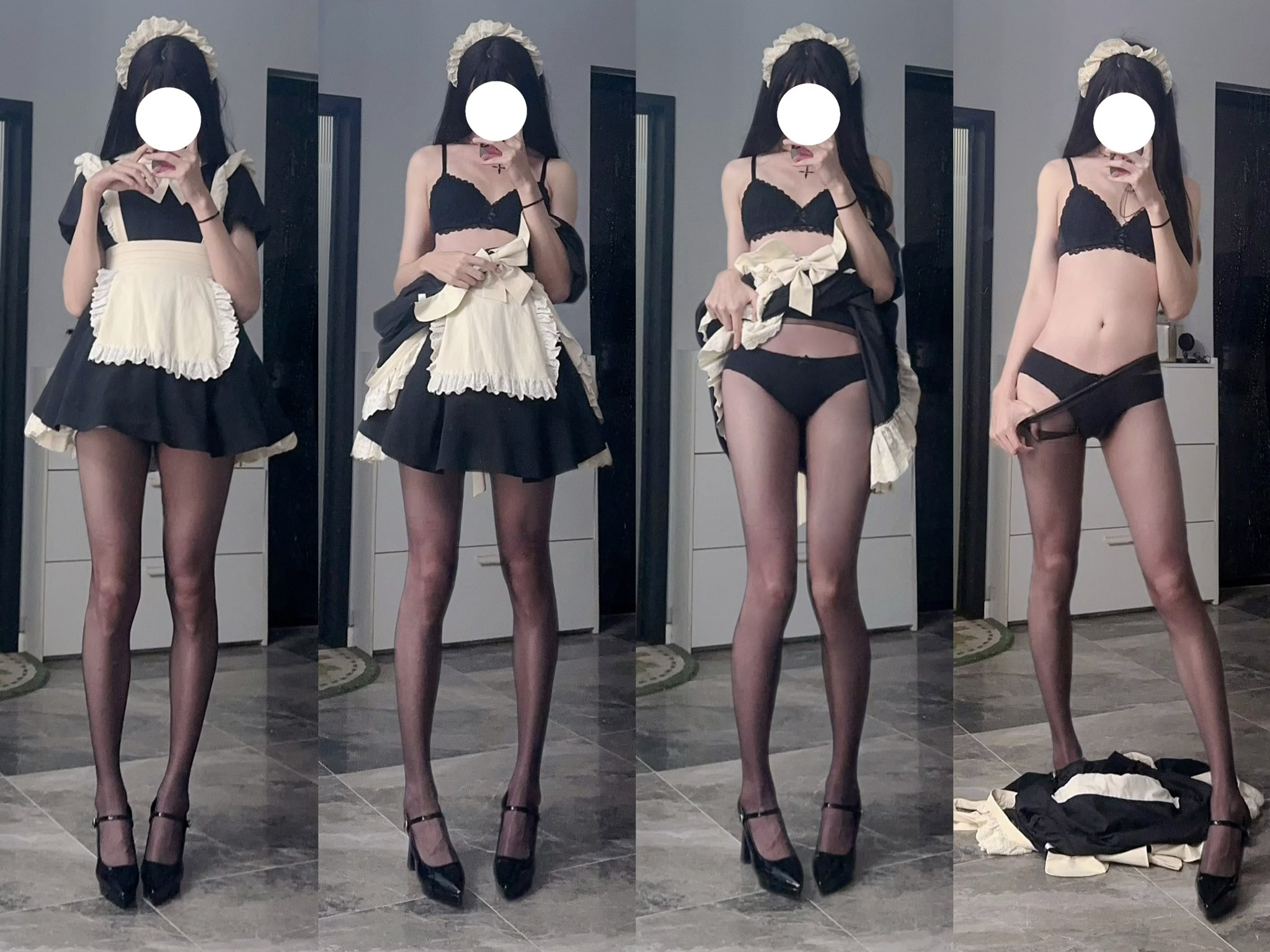 穿着女仆的服装的女人拍了一张自拍。