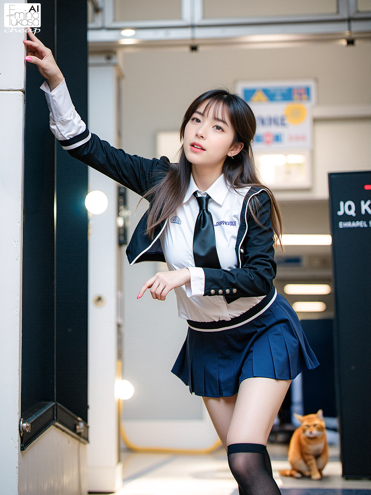 一位穿着黑白夹克和蓝色裙子的女人指向了一只猫。