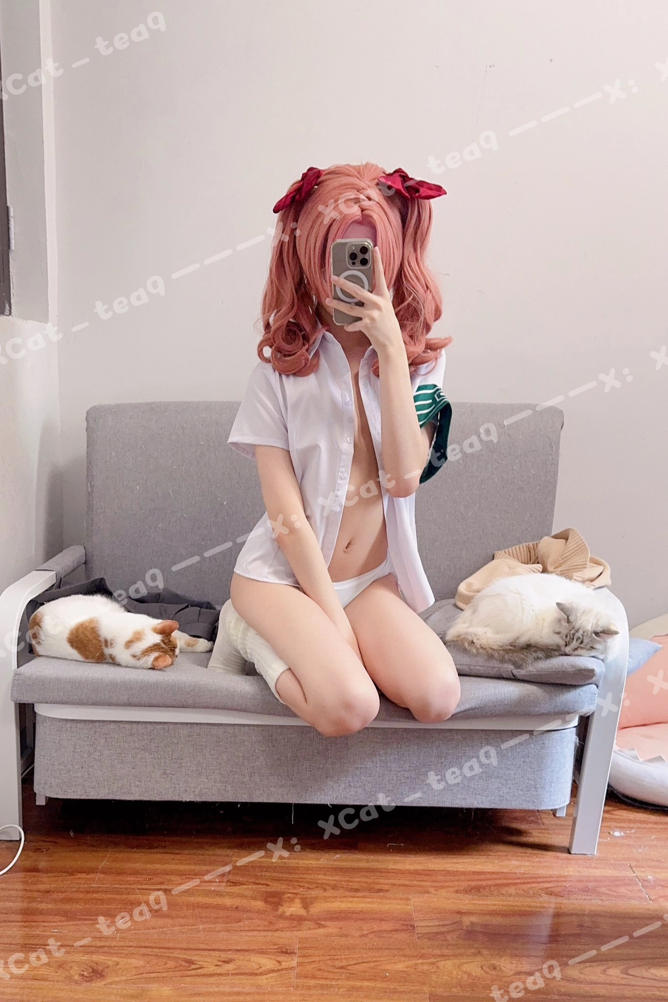 女人坐在沙发上,带着两只猫。