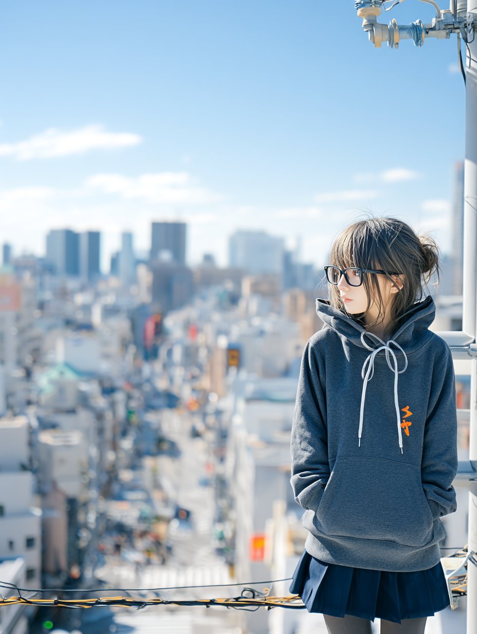 一位戴着眼镜和帽子的女孩站在屋顶,俯瞰着一座城市。